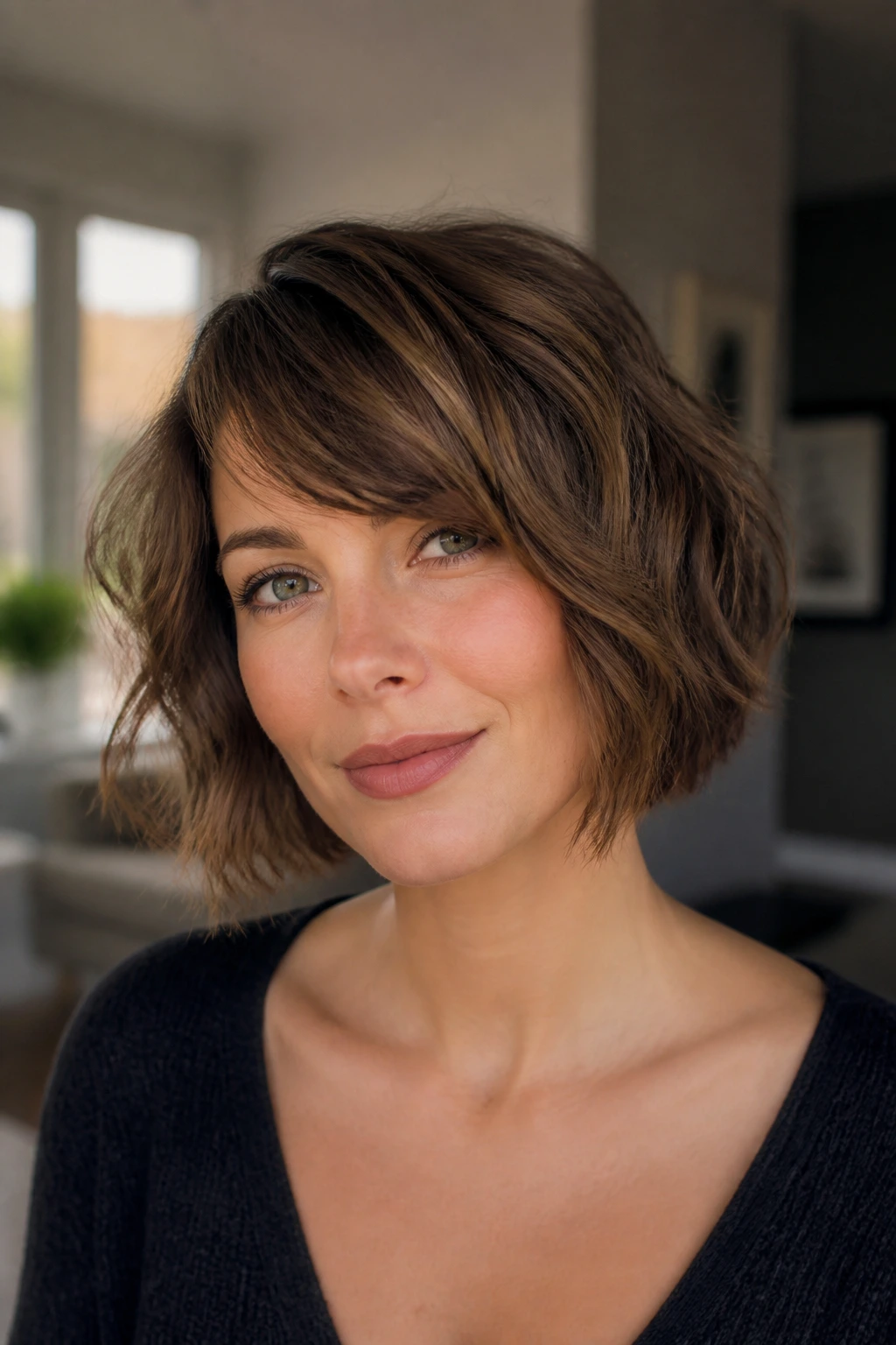 Close-up of chin-length chop with piecey waves and side bangs on a real woman