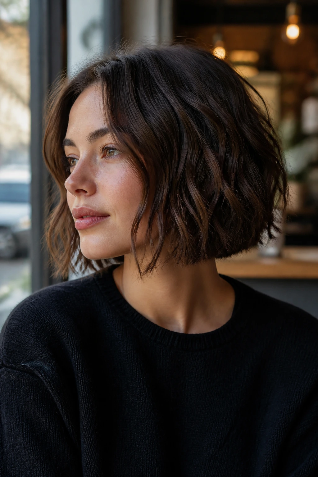 Close-up of a real woman with a chin-length wavy bob framing the jaw