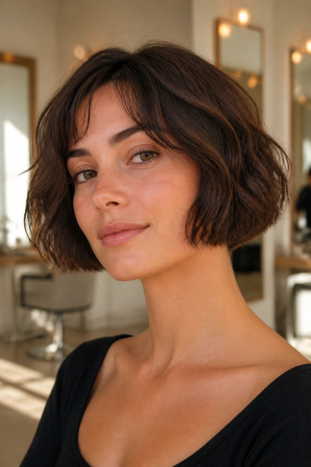 Close-up of a real woman with a chin-length blunt wavy bob and crisp edge