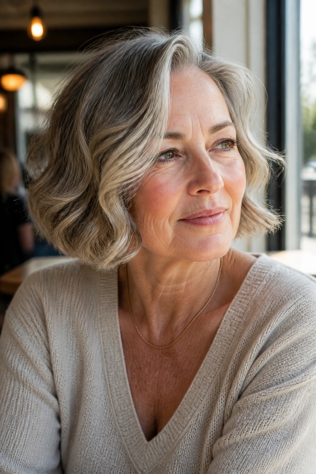 Close-up of older woman with chin-length wavy bob and soft side part in cafe light