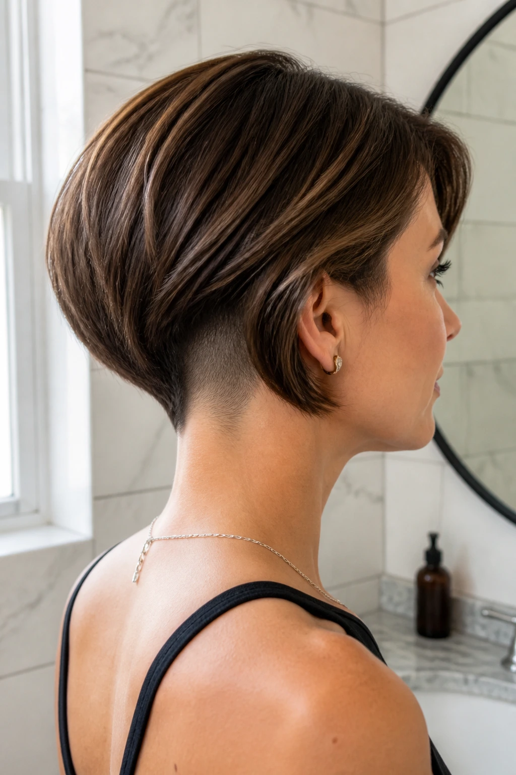 Close-up of a chin-length wedge with underlayer shave in a bright bathroom