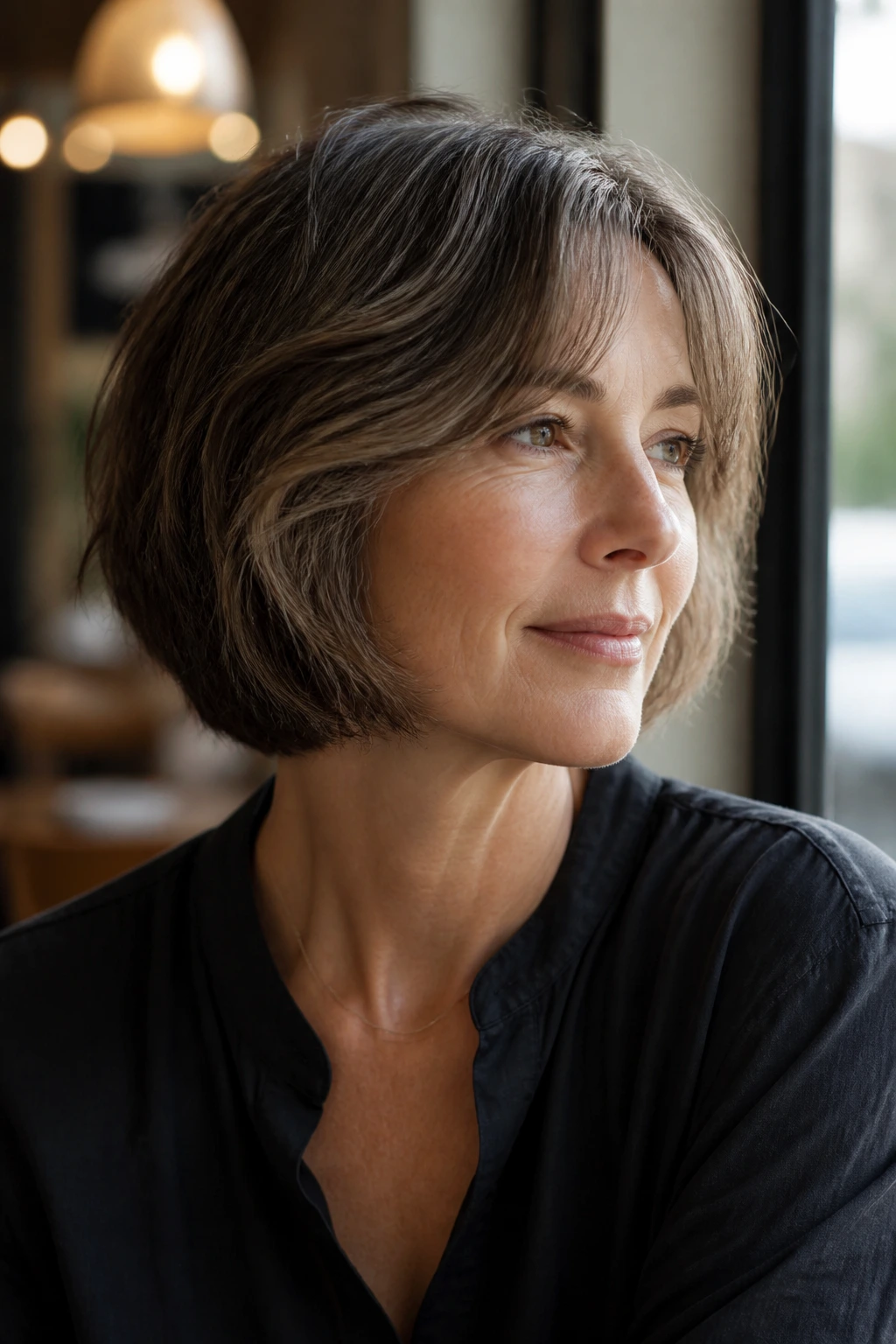 Close-up of a real person with a chin-length wolf bob and airy layers in warm daylight