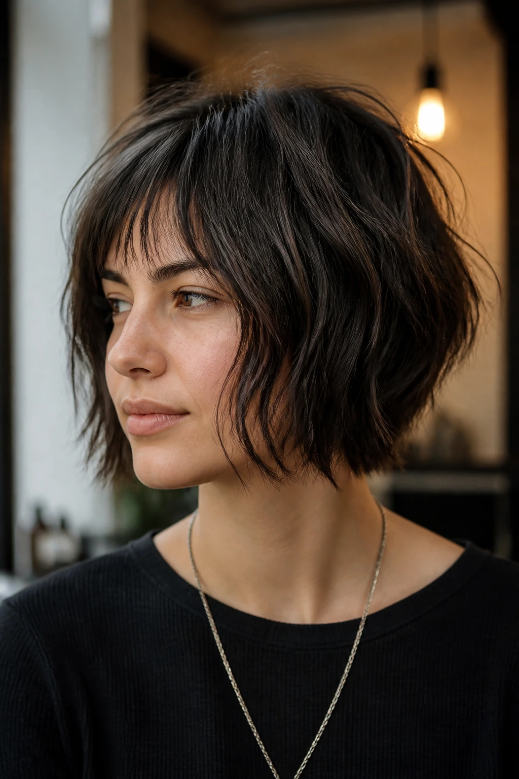 Close-up of a real woman with chin-length shattered wolf bob
