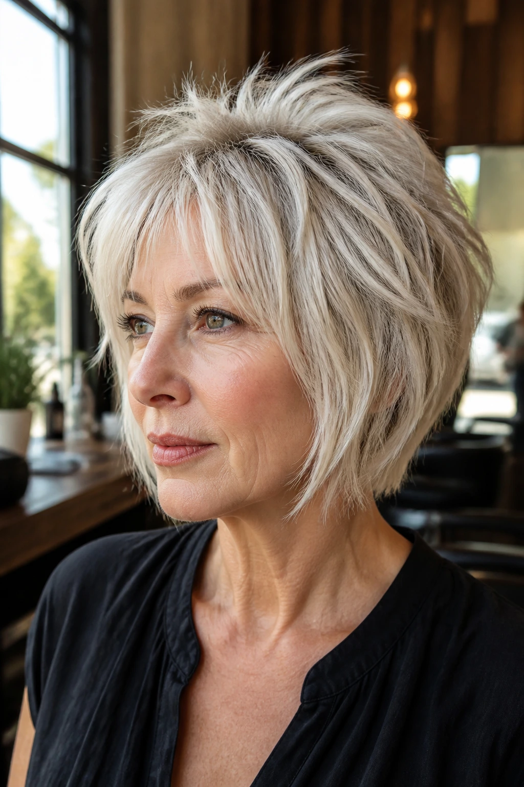 Portrait of a woman with a chin-length wolf bob and choppy crown in platinum
