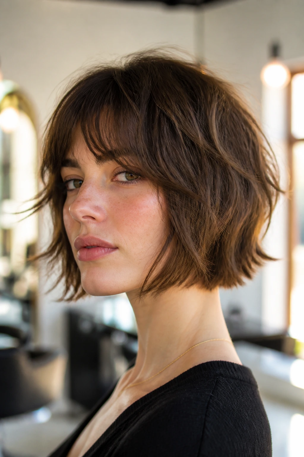 Close-up portrait of a real woman with a chin-length wolf cut bob in a sunlit hair salon.