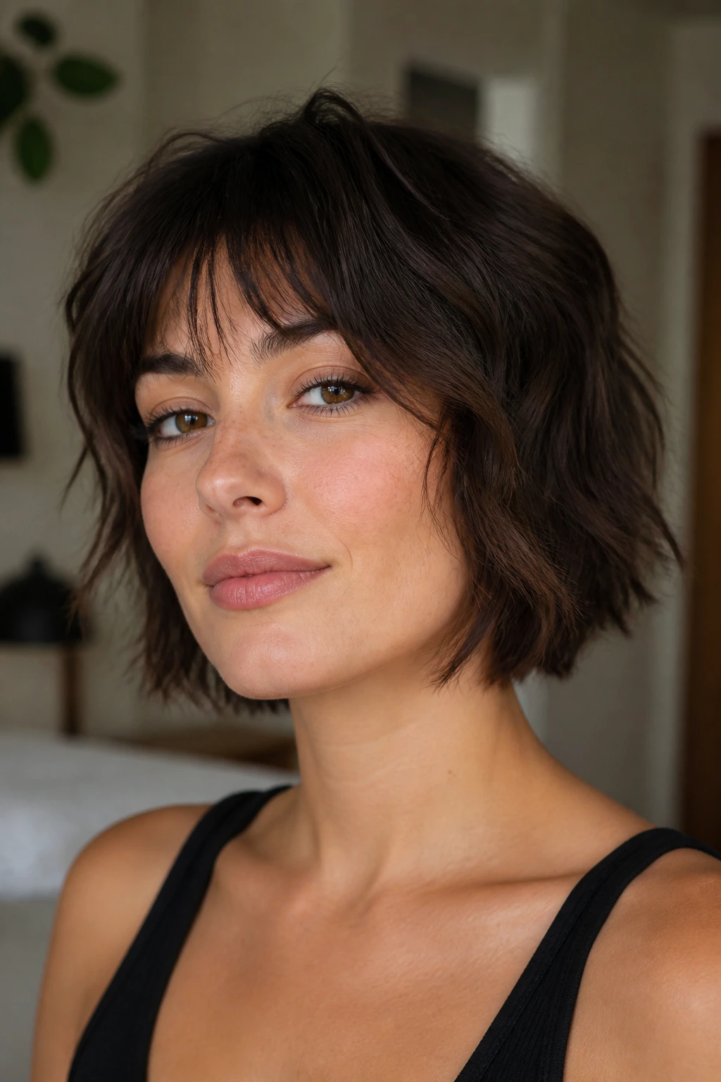 Real woman displaying chin-length wolf shag with textured layers