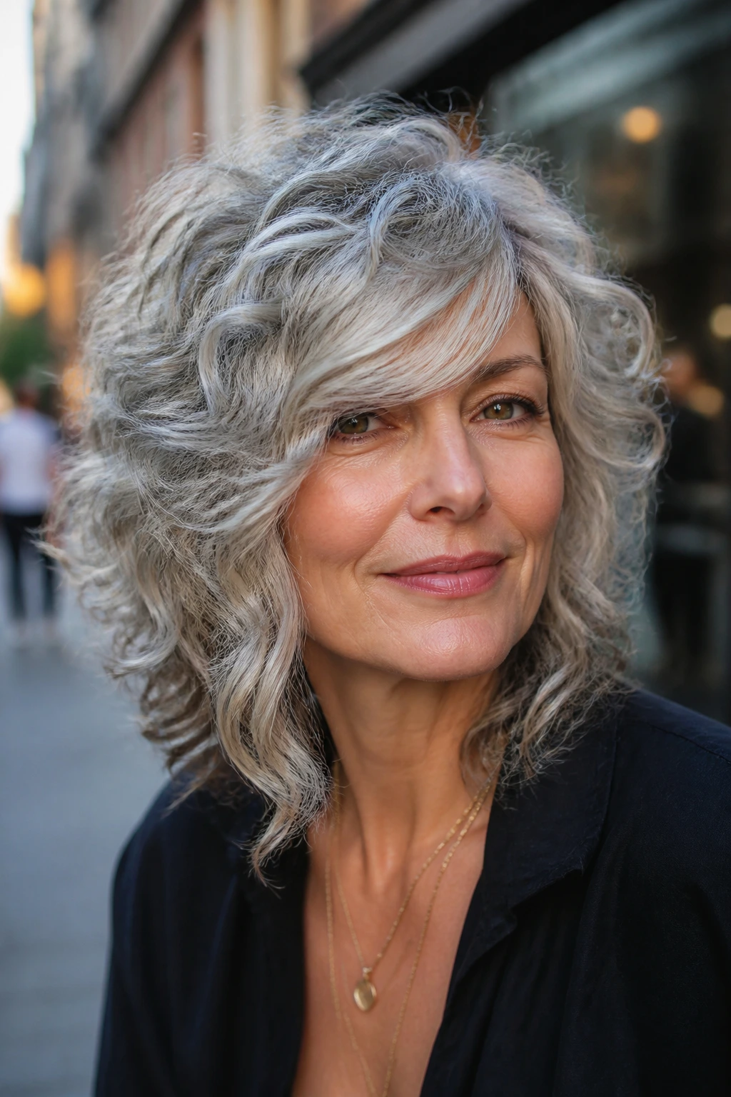 Portrait of real woman with chin-opening shag and sweeping side fringe in urban setting