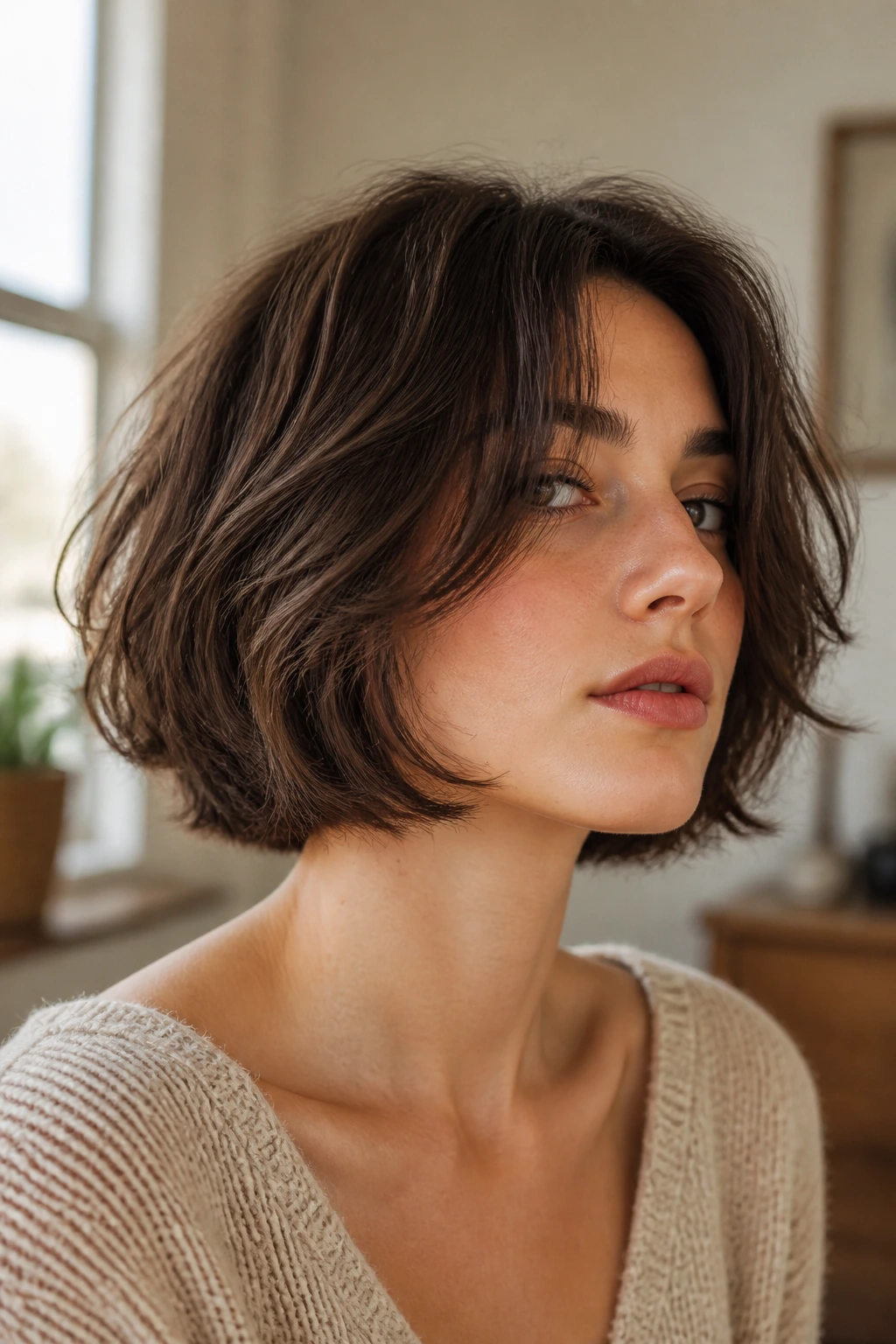 Close-up of real person with fluffy chin shag and curtain split bangs
