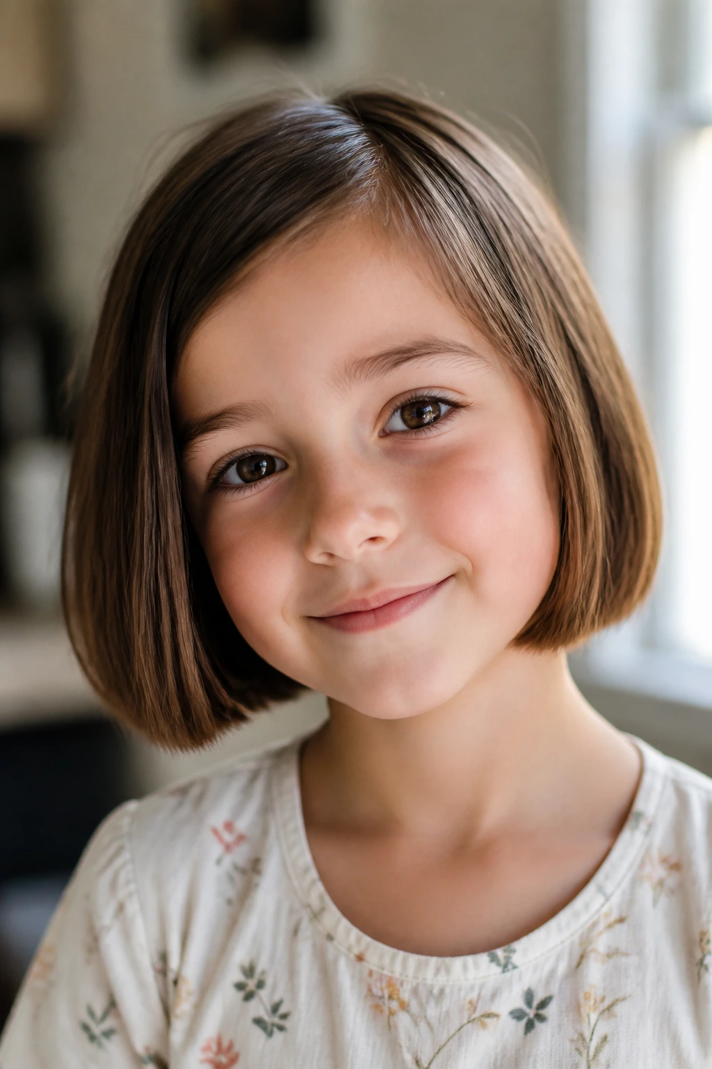 Close-up of a real child with a chin-skimming blunt bob in natural light.