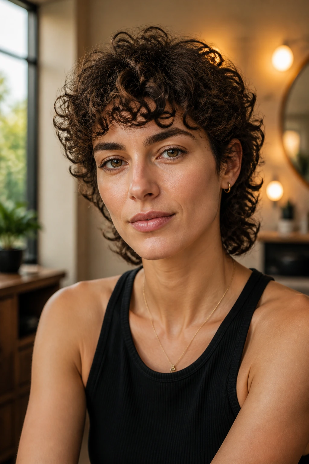 Portrait of a person with chin-skimming curly mullet lite hairstyle.