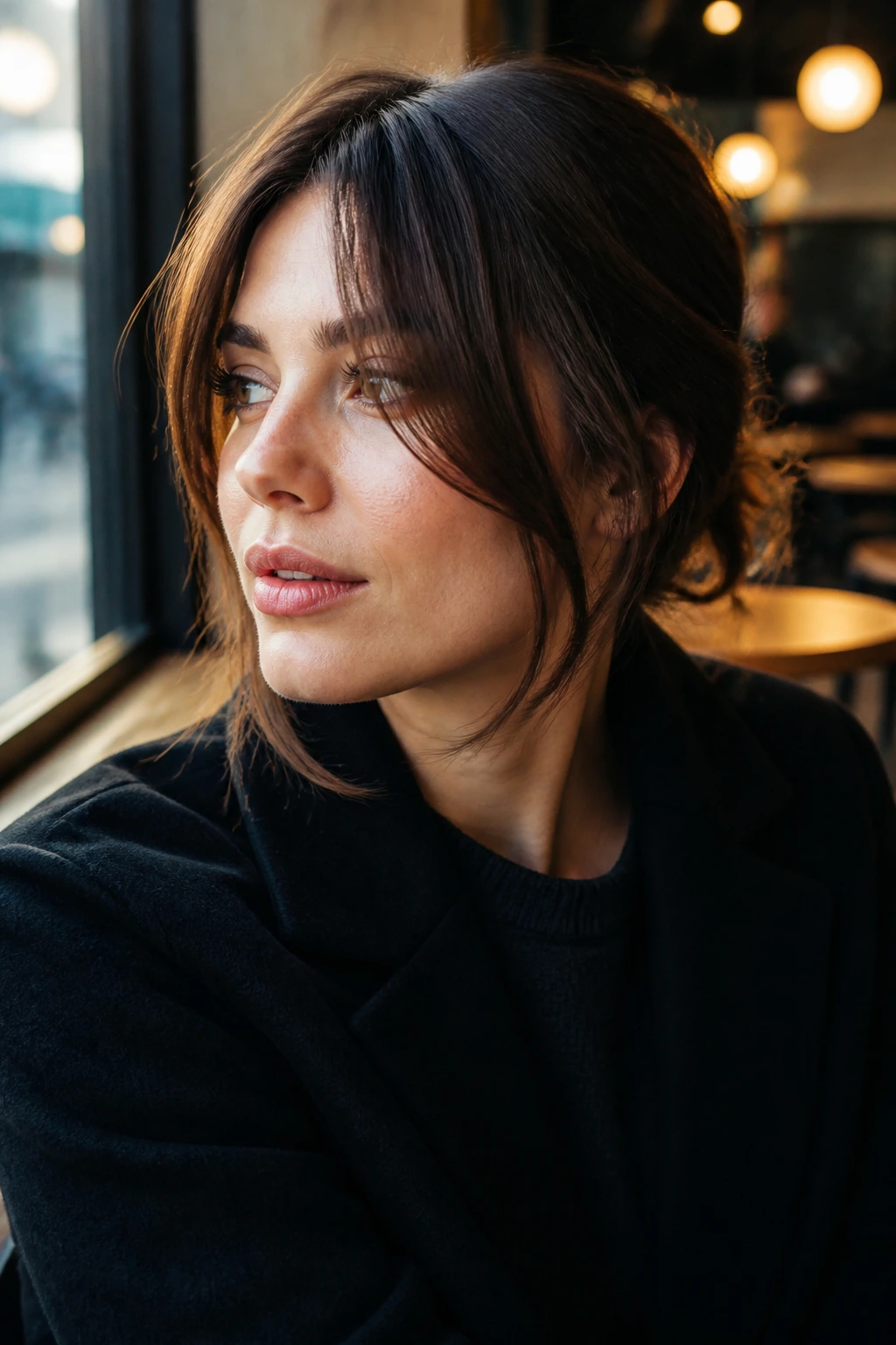 Close-up of a real woman with chin-skimming face-frame bangs in cafe daylight.