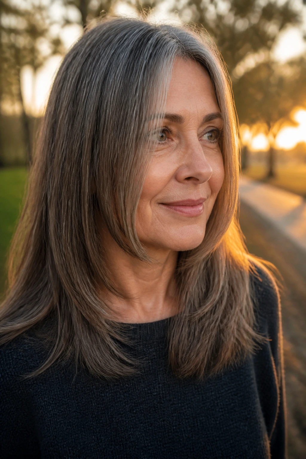 Woman with chin-skimming front pieces on long hair