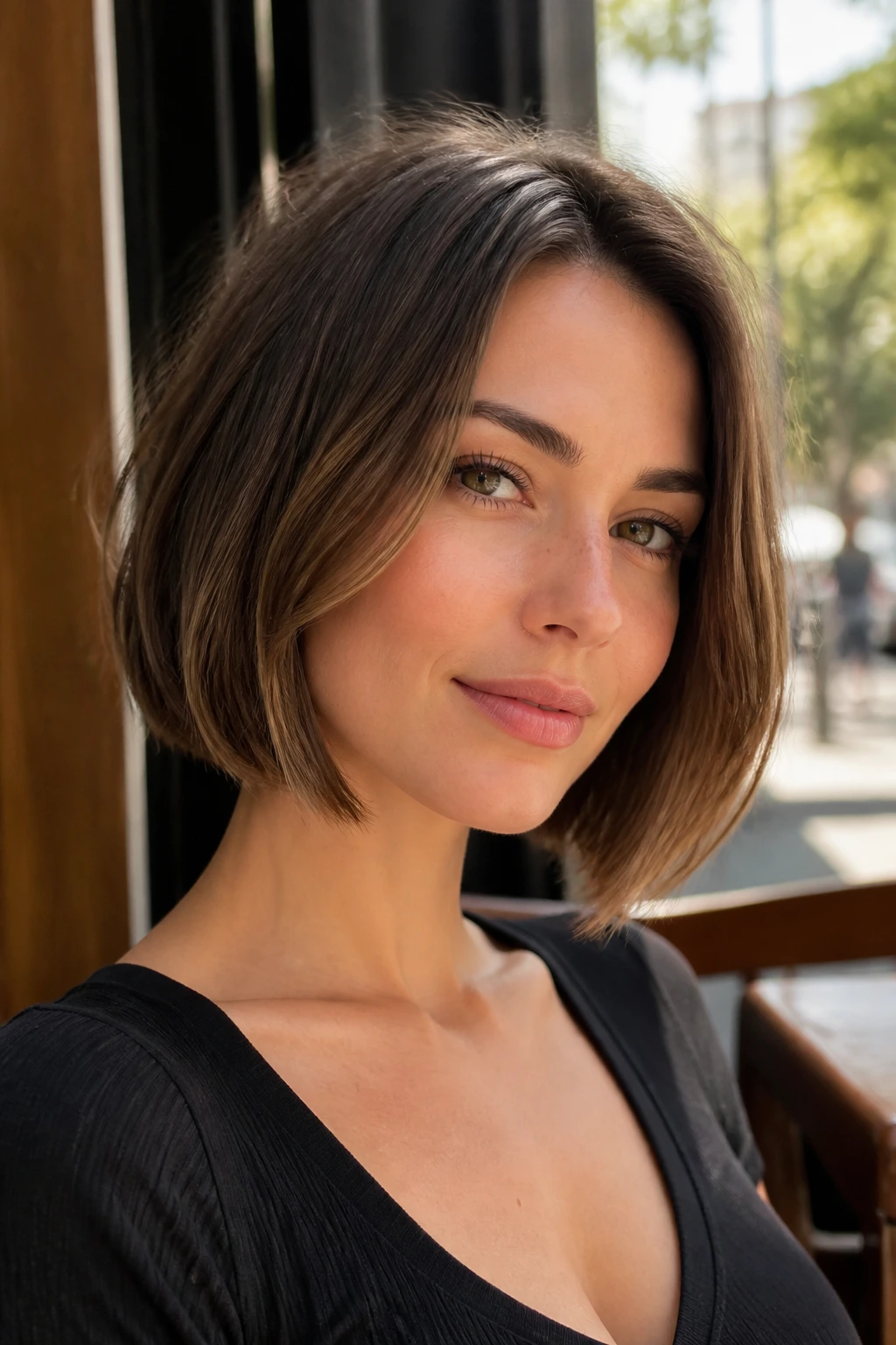 Close-up of a real woman with chin-skimming lob in bright outdoor light