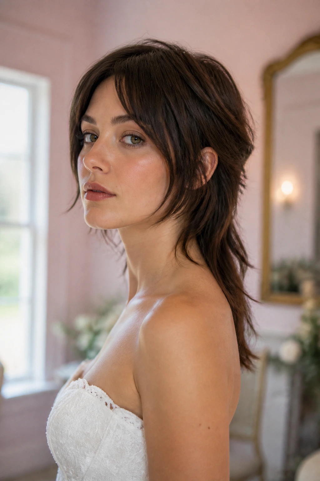 Bride with chin-length front and long-back mullet in bridal prep room