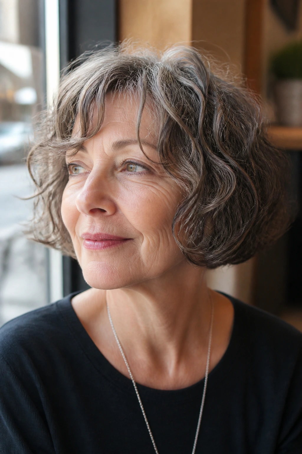 Portrait of a woman with chin-skimming perm bob in cafe light