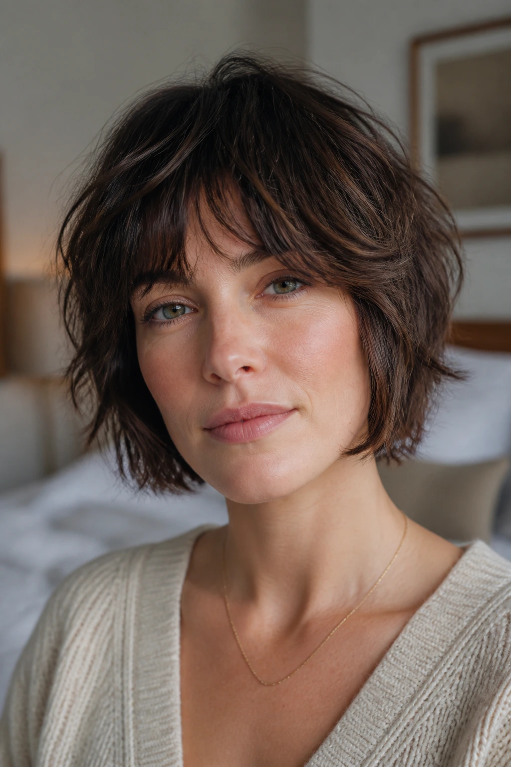 Real woman with chin-skimming shag bob and feathered bangs in soft window light.