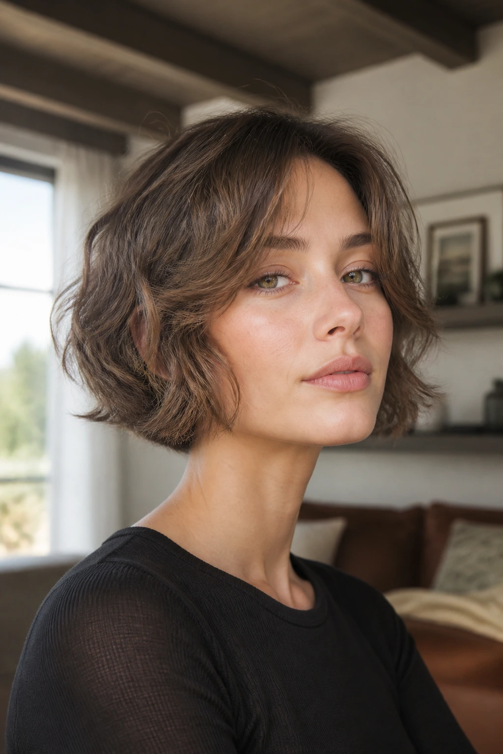 Close-up portrait of a real person with chin-skimming wolf cut and cheekbone fringe