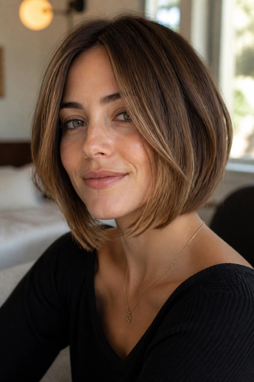 Close-up of a woman with chin-start face-framing layers along the jaw
