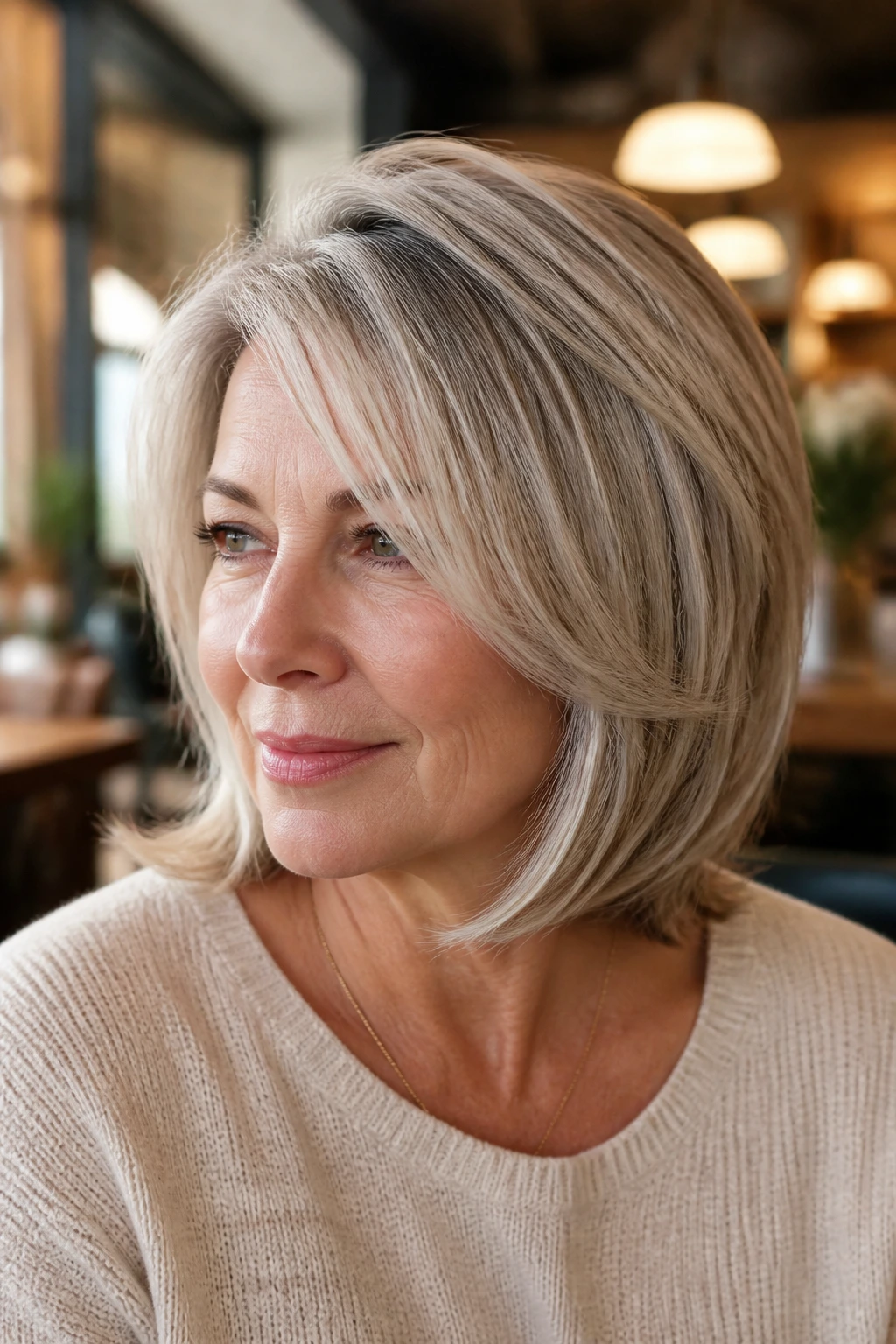 Real woman with chin-starting layers lifting fine hair