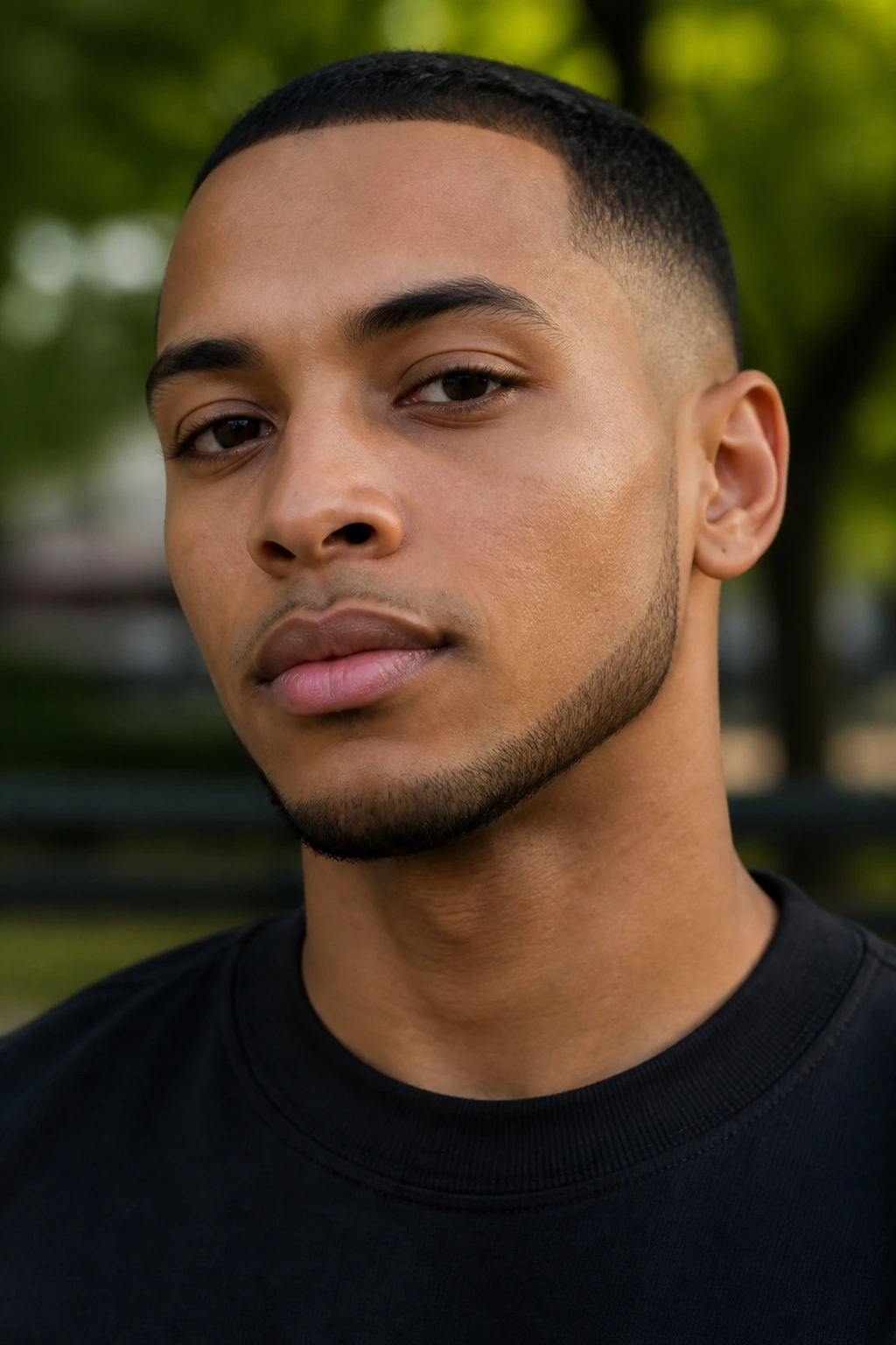 Close-up of a man with a crisp chin strap along the jawline
