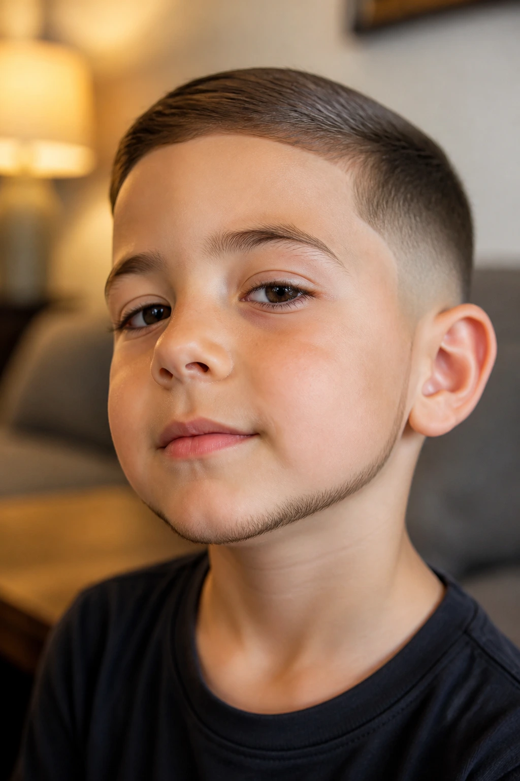 Close-up of a boy showing a thin chin strap beard along the jaw