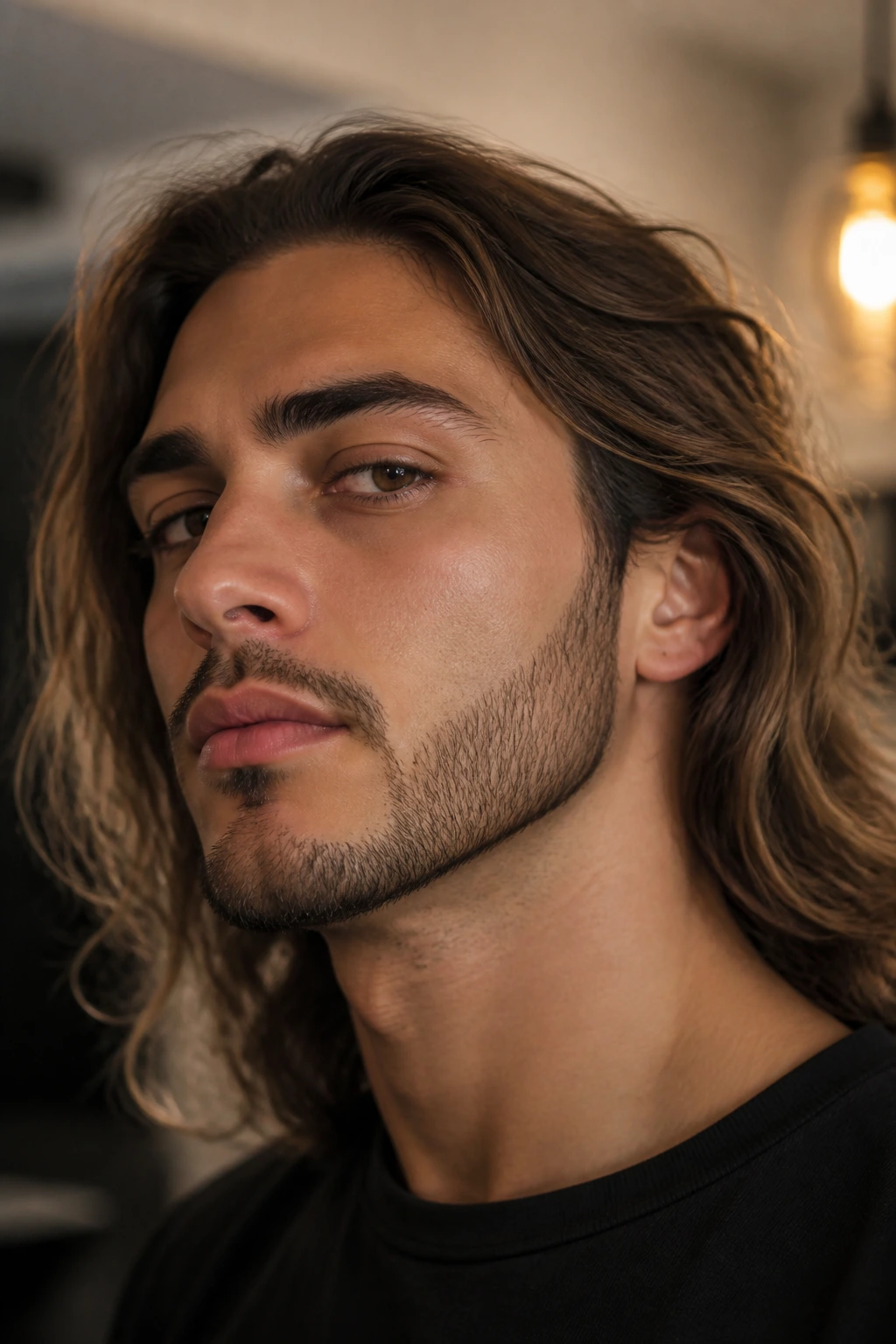 Close-up of a man with a thin chin strap beard along the jawline.