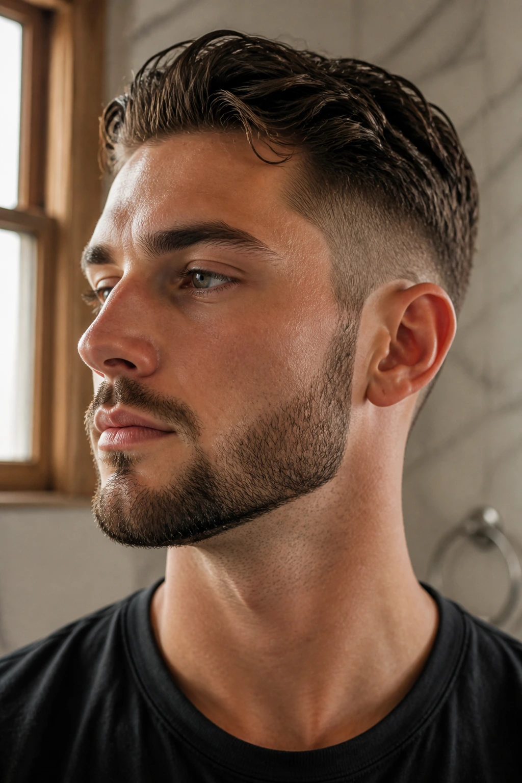 Close-up portrait of a real man with a crisp chin strap beard along the jawline in warm bathroom light