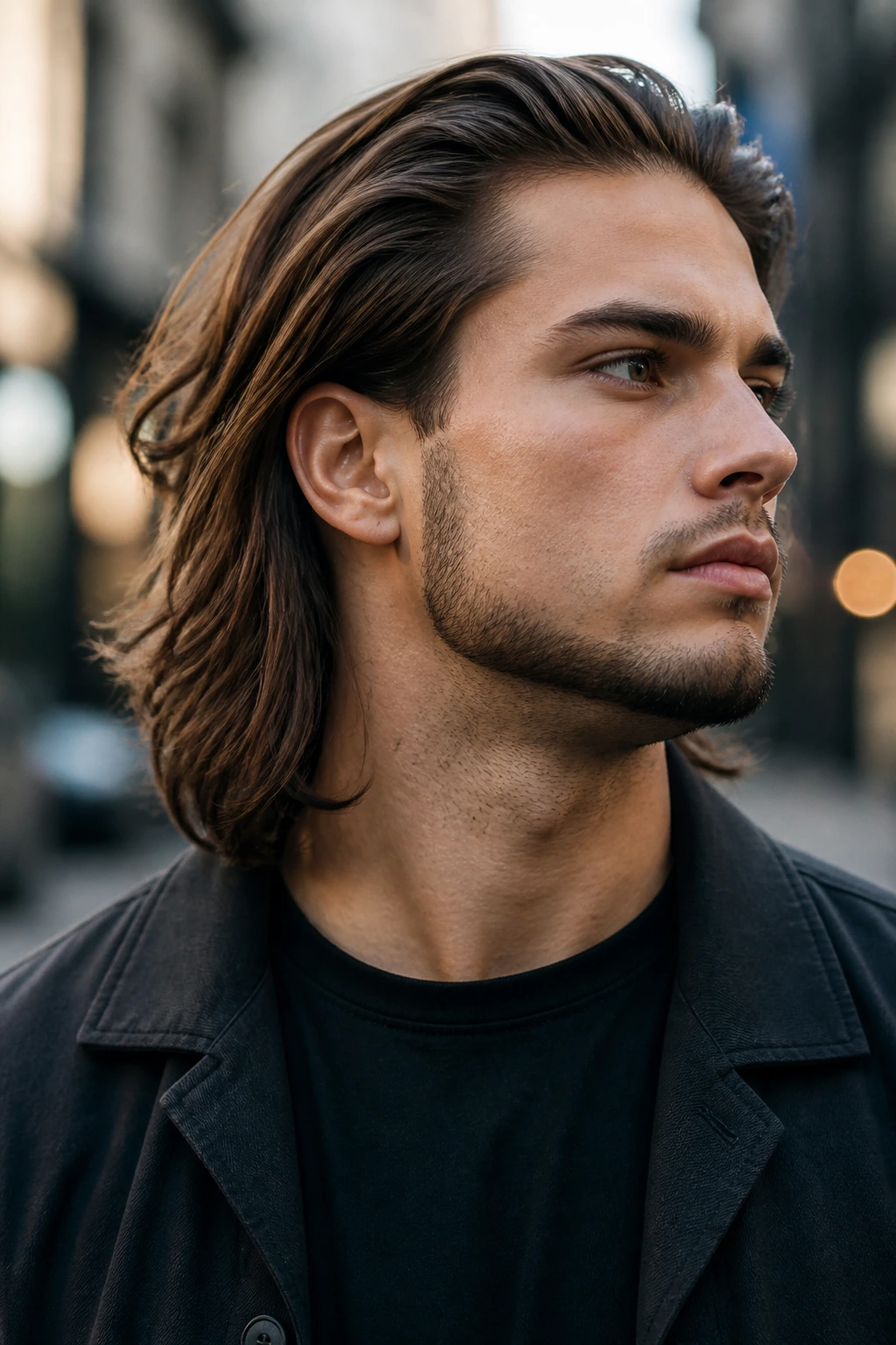 Man with chin strap beard and long hair, portrait with clean jawline.