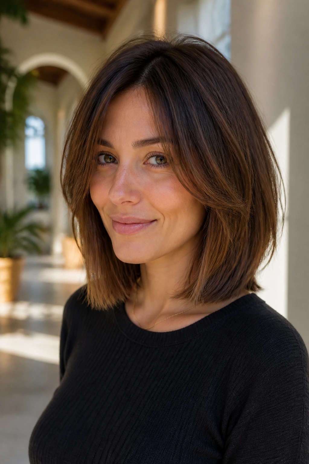 Close-up of real woman with chin-to-collarbone transitional bob