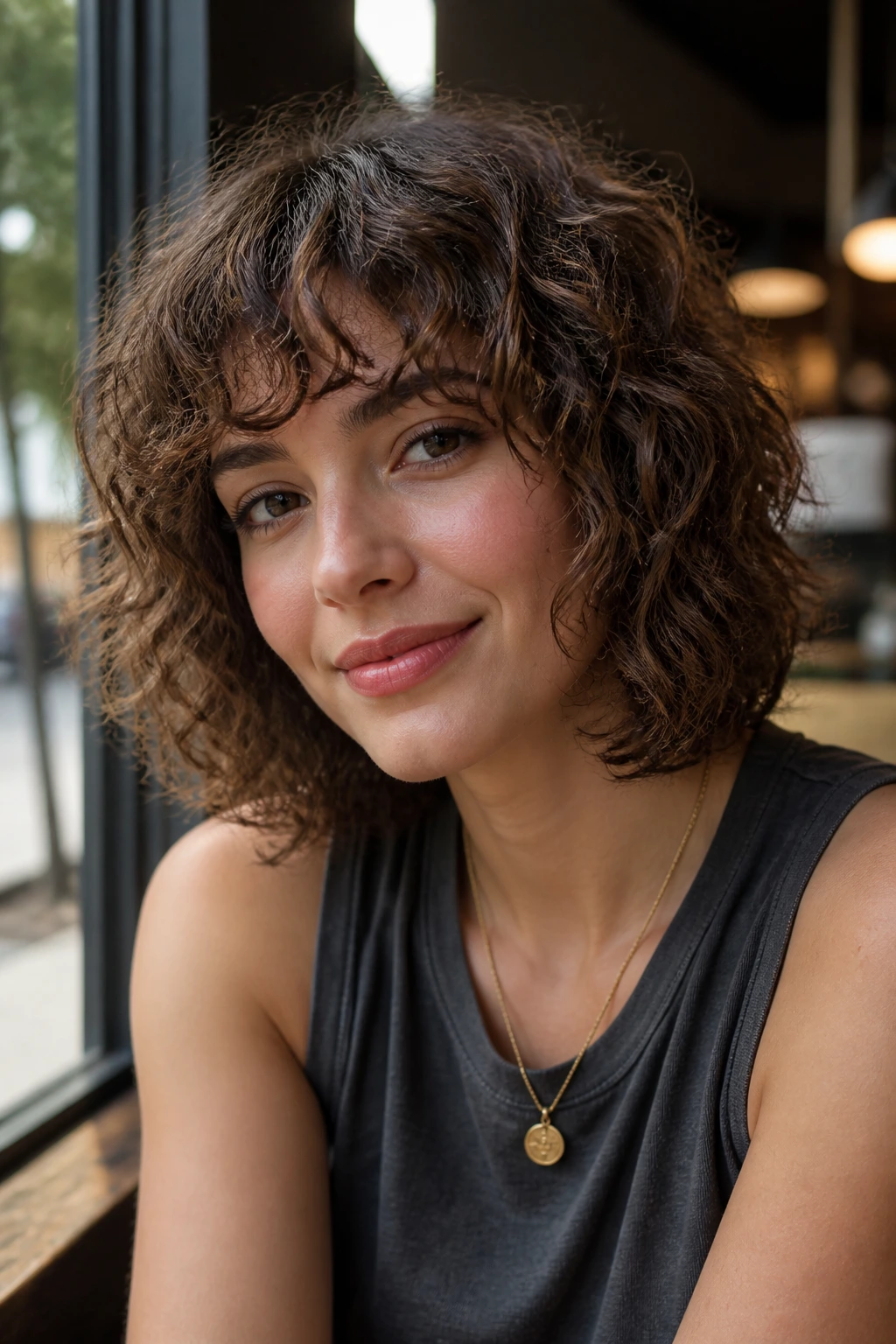 Real woman with chin-to-shoulder curly crop and curved bangs in cafe window light