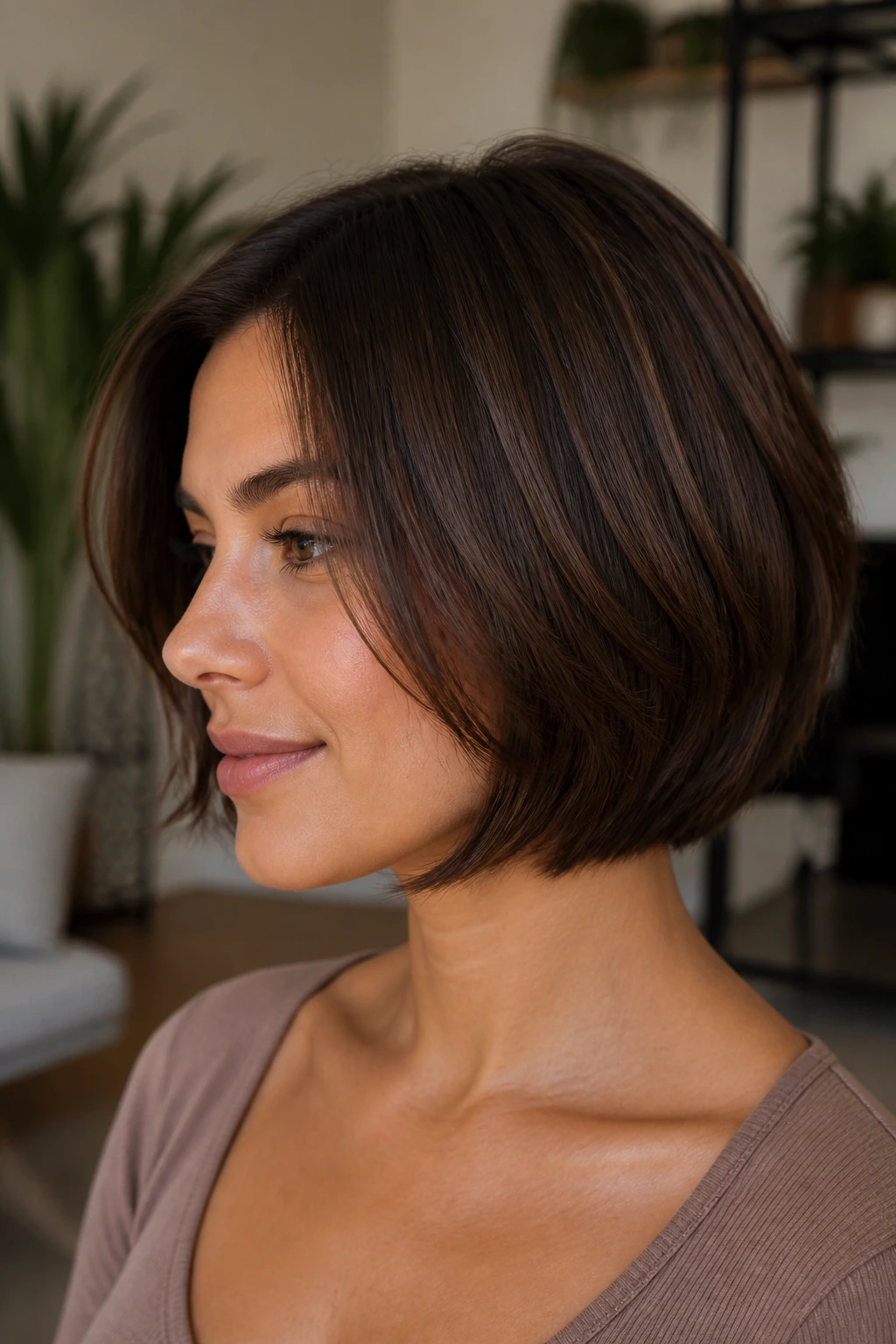 Close-up portrait of a real woman with a chocolate bob and soft layers in soft lighting