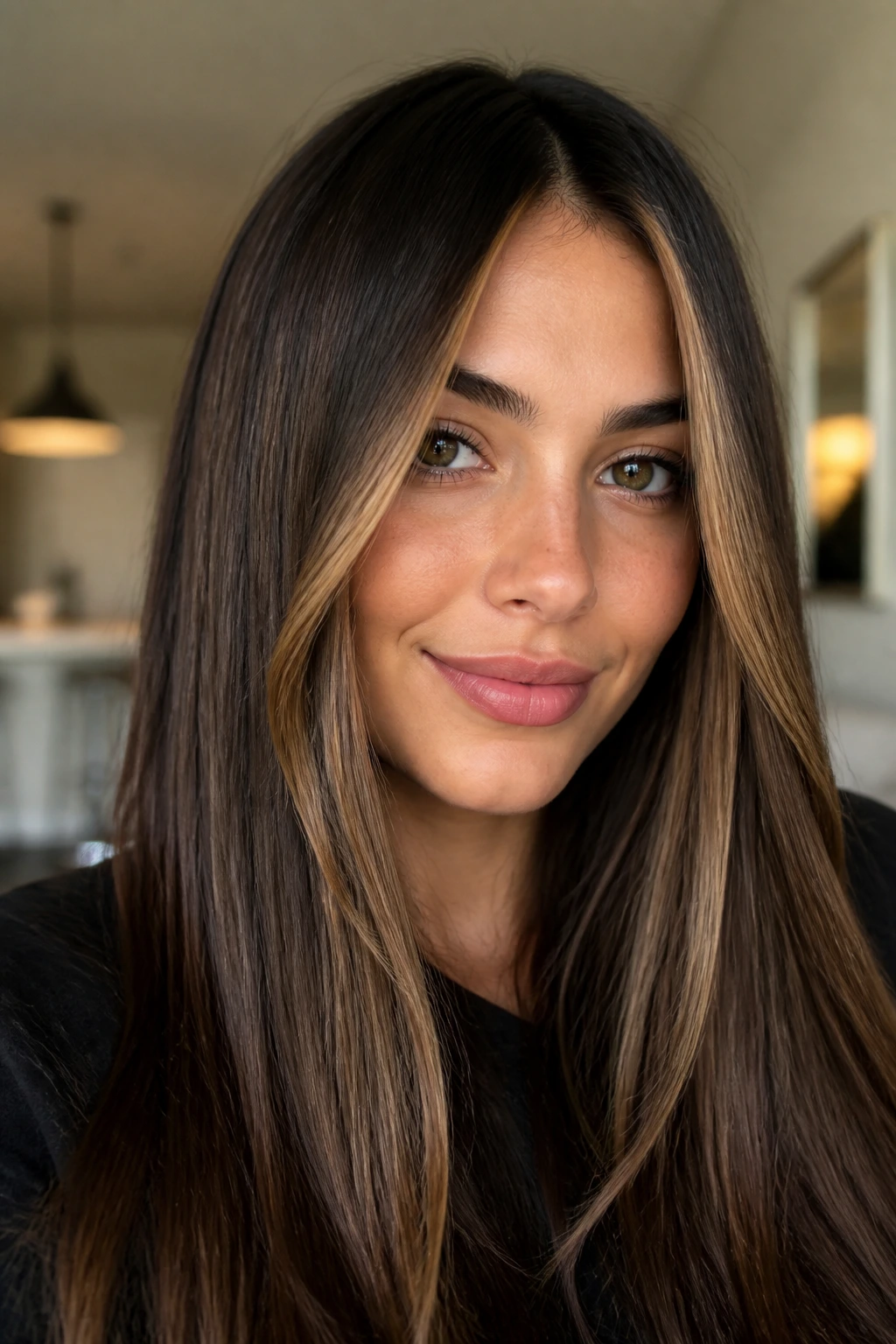 Close-up of chocolate brown hair with caramel money pieces around the face