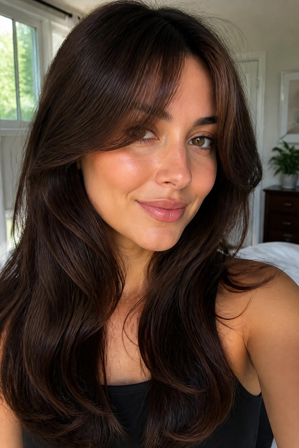 Portrait of a real woman with chocolate brown hair and curtain bangs