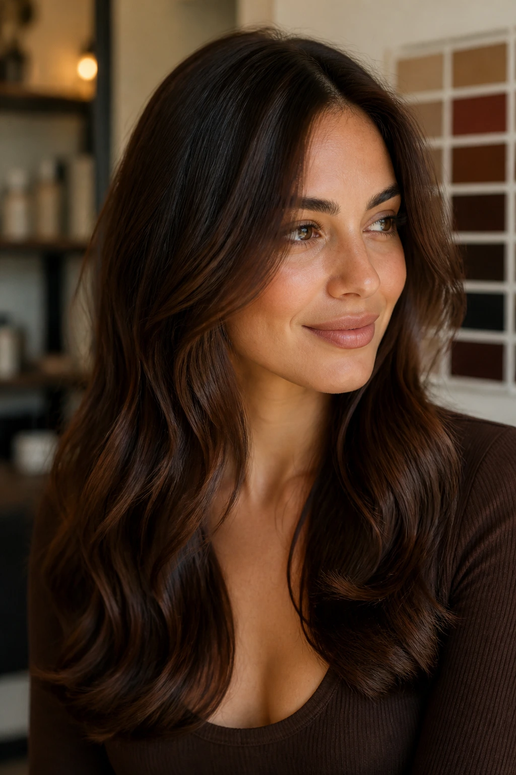 Close-up portrait of a real woman with glossy chocolate brown hair in warm natural light