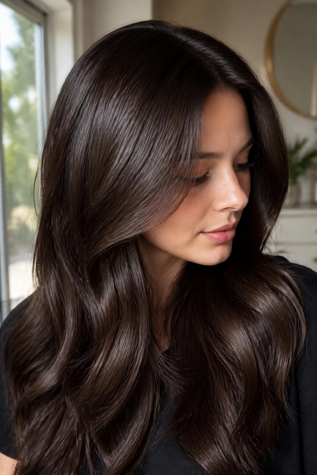 Portrait of chocolate brown hair with deep root depth and reflective shine