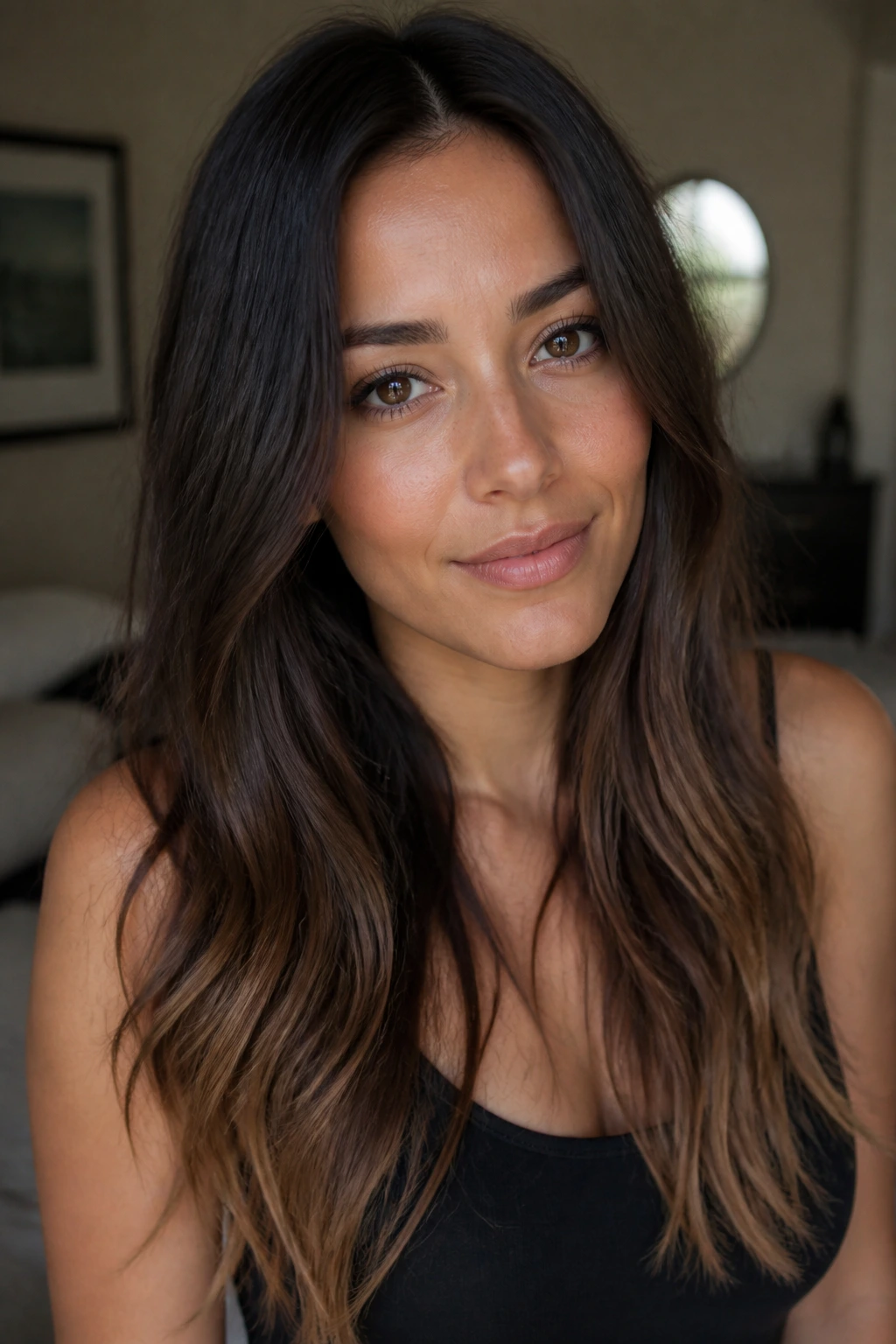 Portrait of a real woman with chocolate brown roots and lighter ombré ends