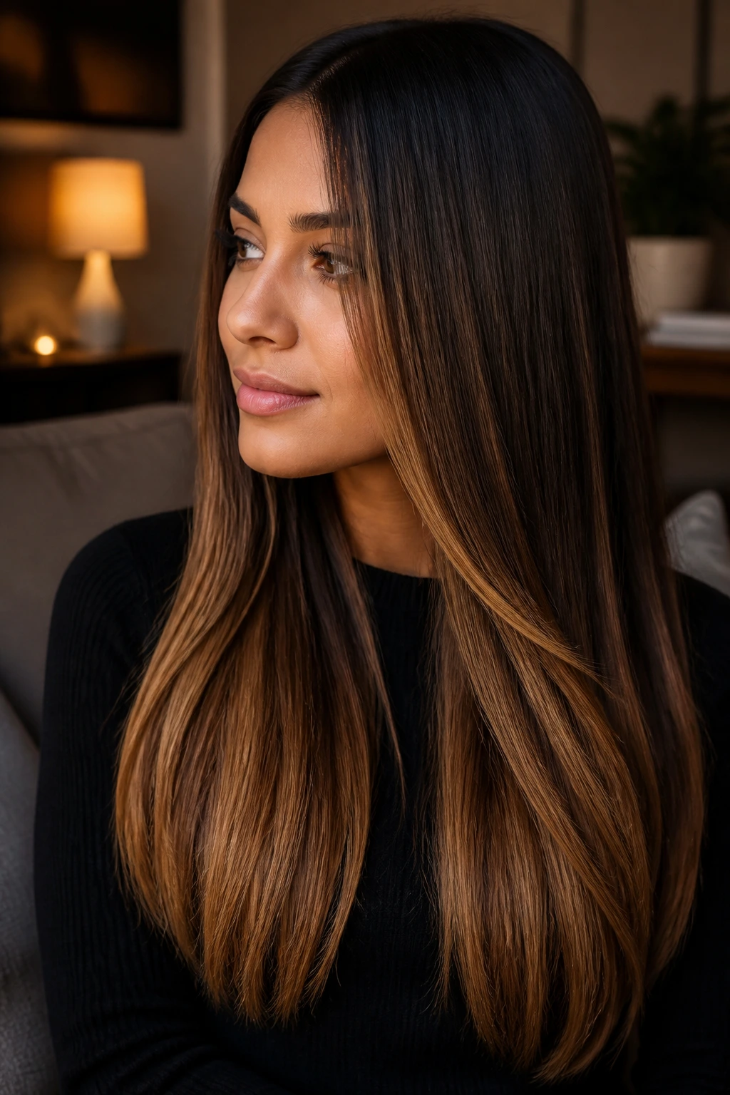 Close-up of real person with chocolate to butterscotch ribbon ombre on straight hair