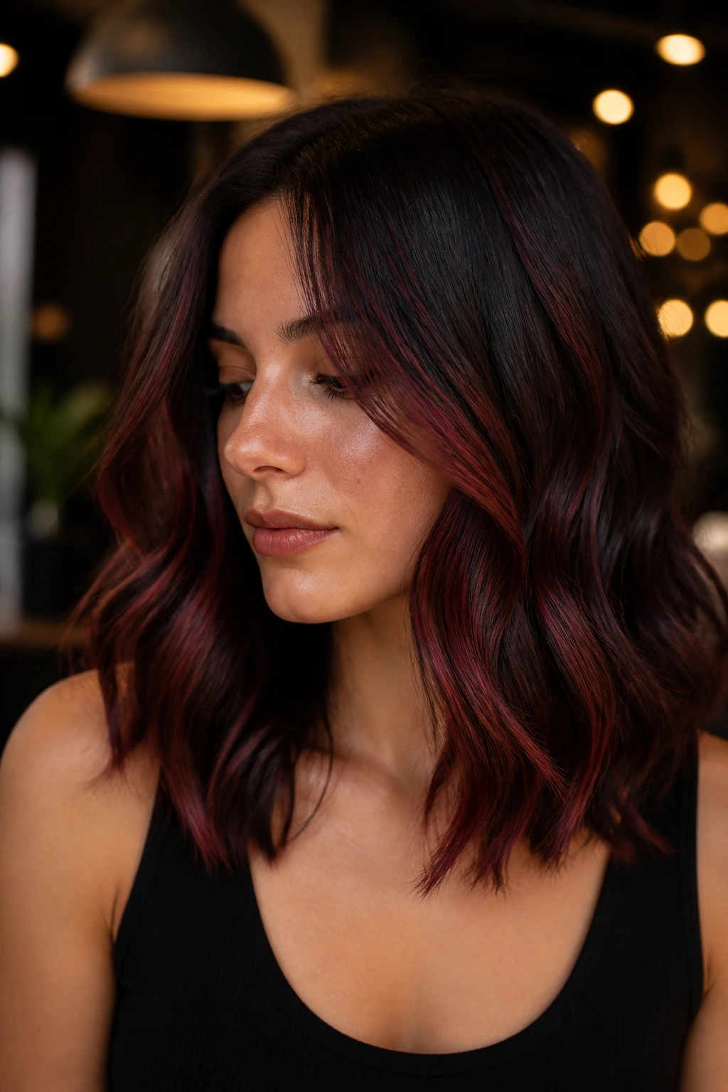 Close-up of a real woman with chocolate cherry balayage on shoulder-length hair