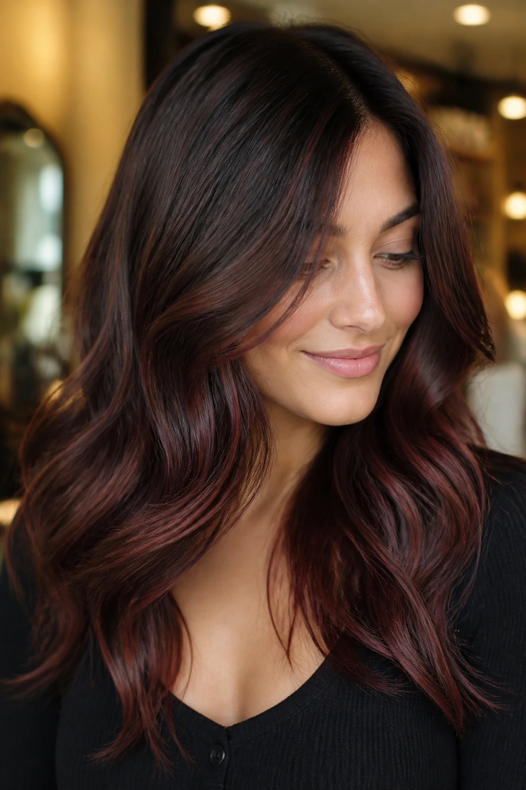 Close-up of a real woman with chocolate cherry balayage around face