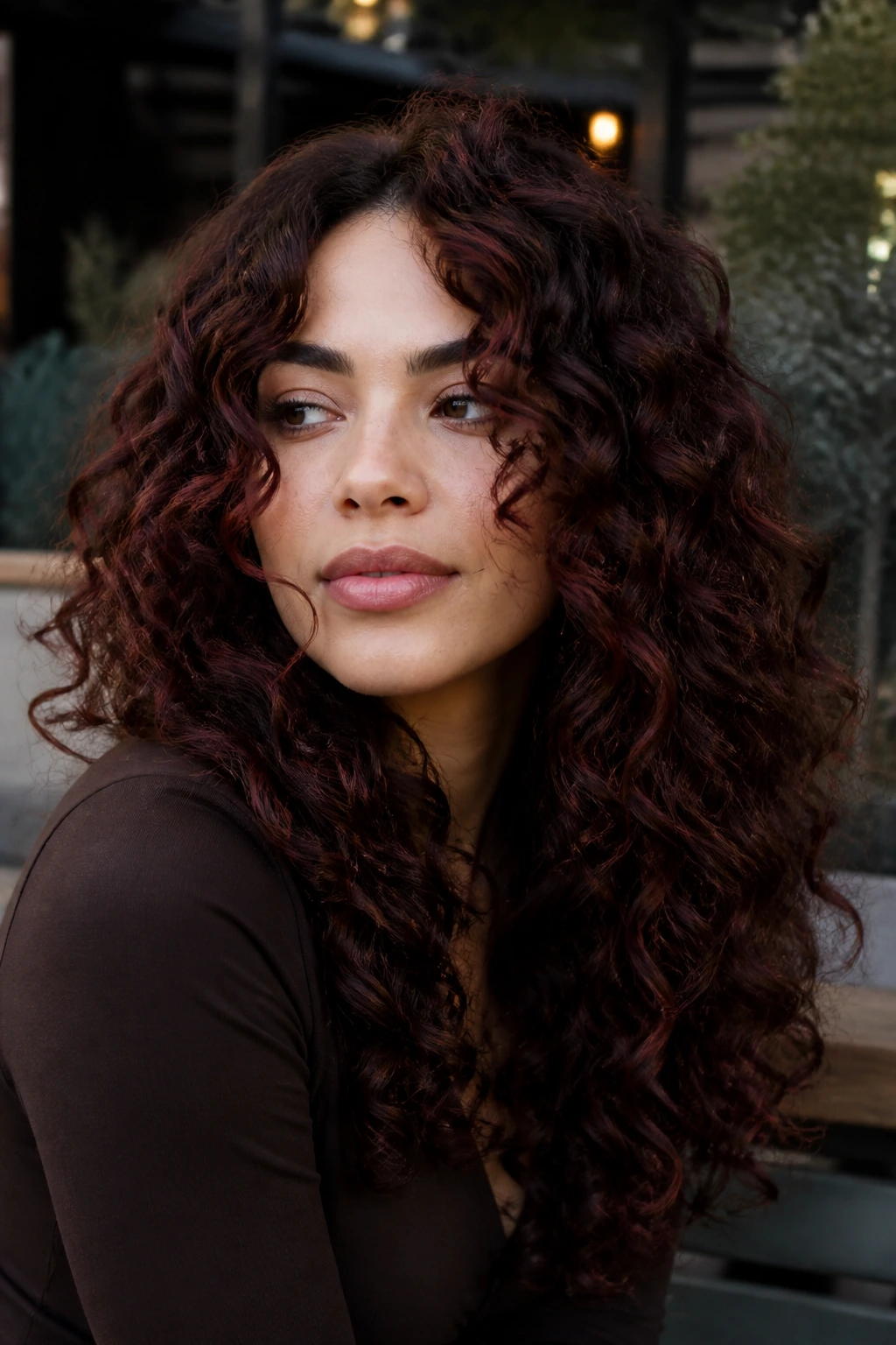 Real woman with chocolate cherry dimension curls showing depth in natural light