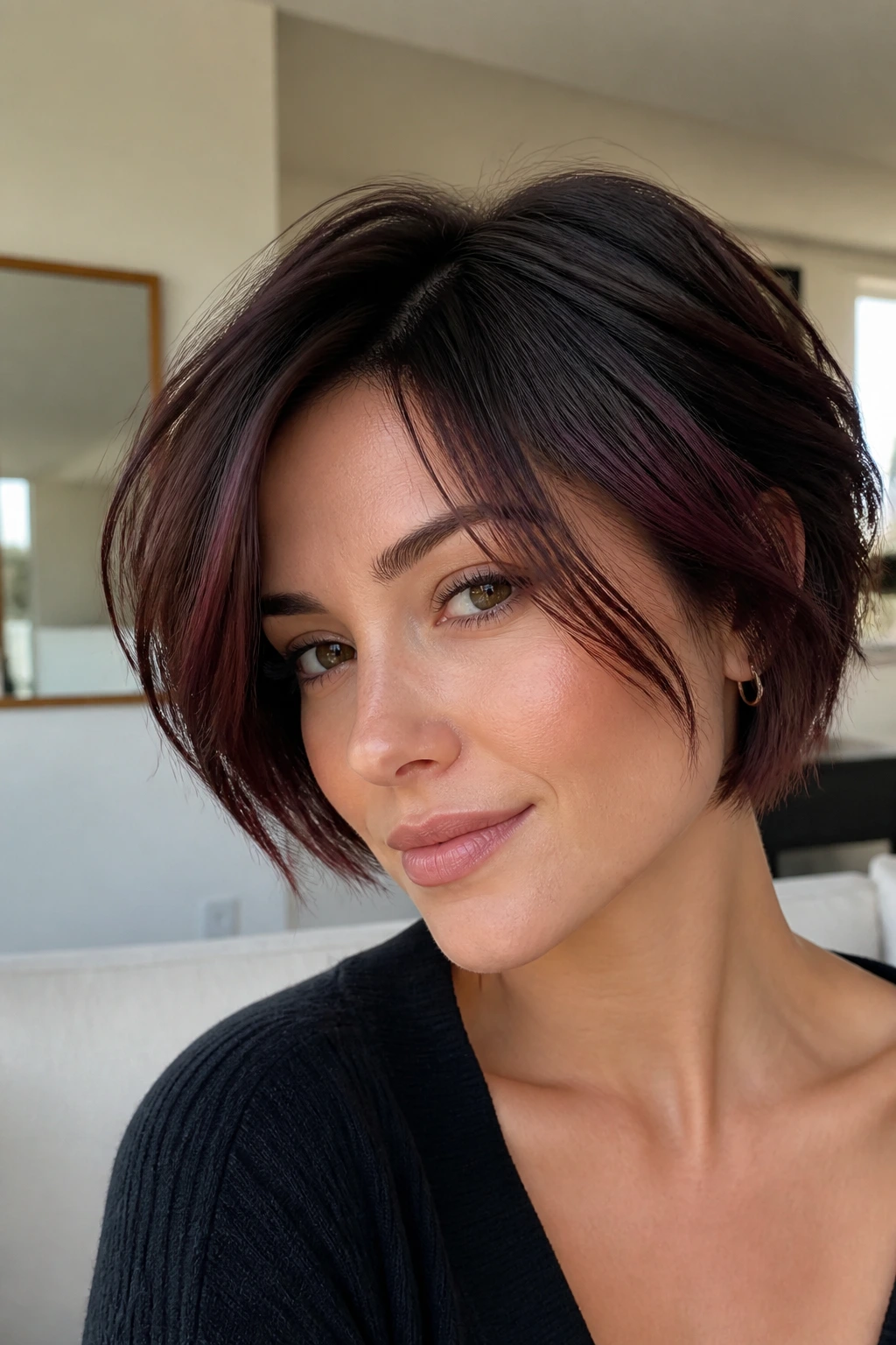Close-up of a real person with chocolate cherry balayage on a short cut