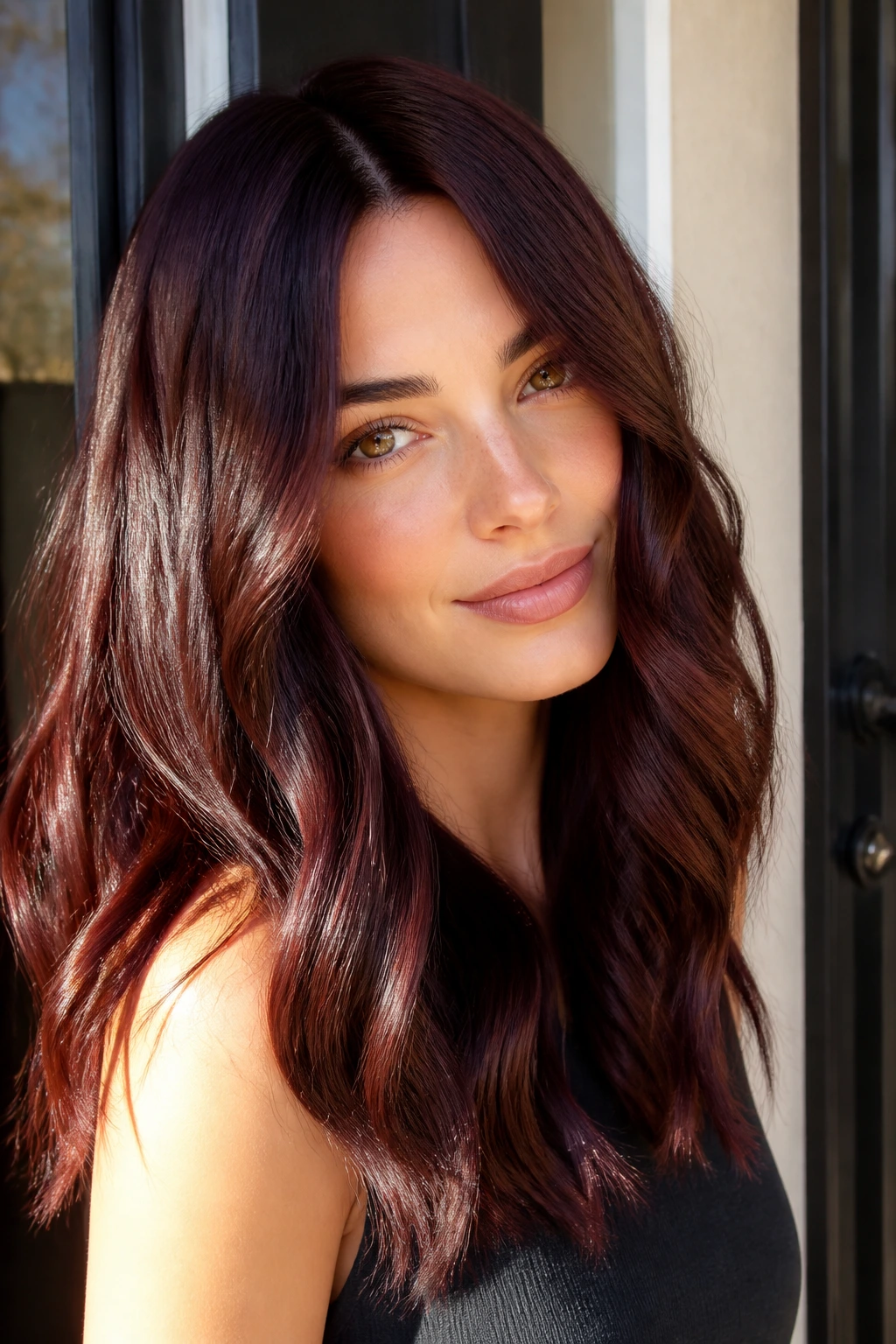 Close-up of a real woman with chocolate cherry hair showing cherry reflections in daylight