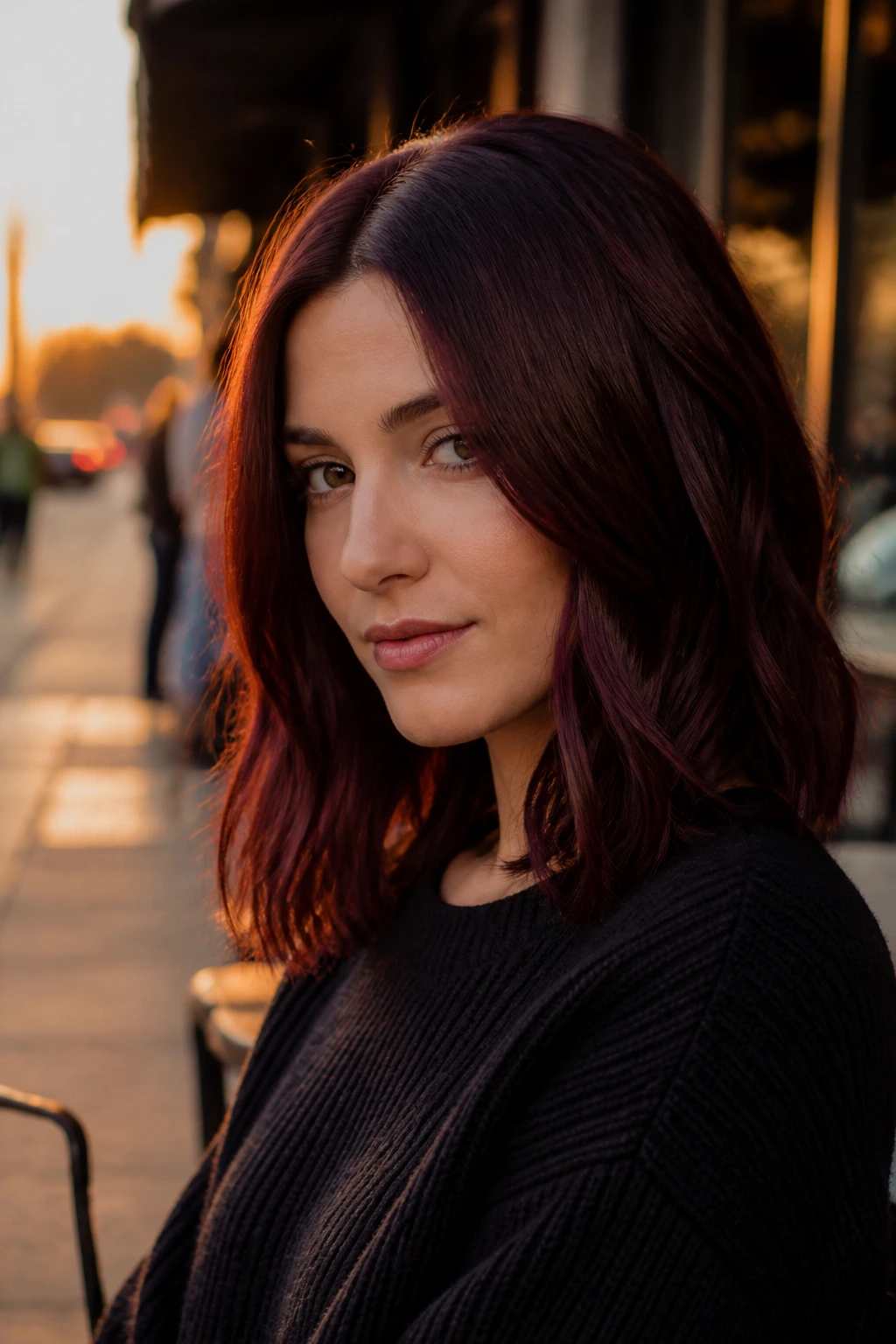Portrait of a real person with chocolate cherry hair coloring.