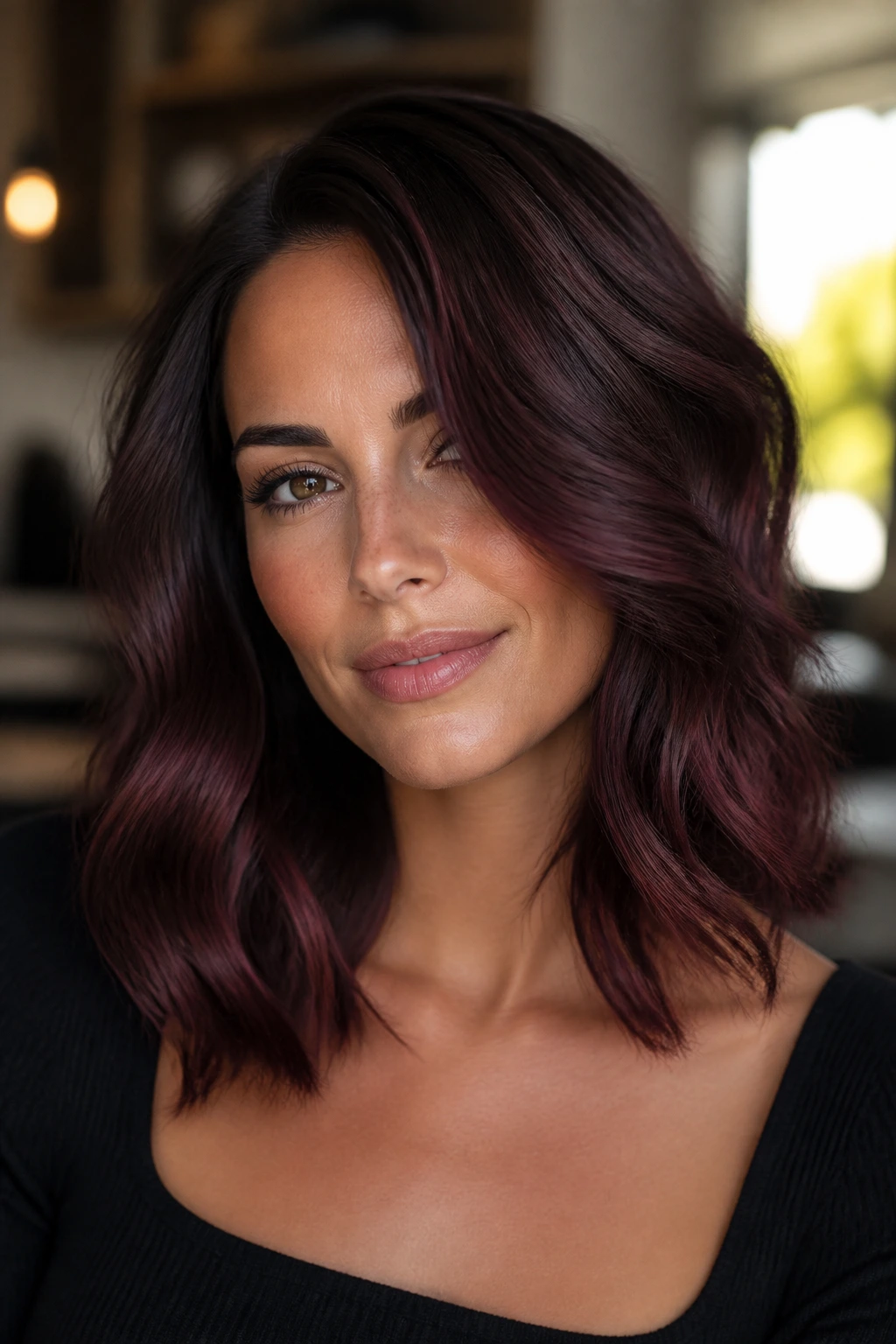 Close-up of a real woman with chocolate cherry hair showing deep chocolate base and cherry wine reflections