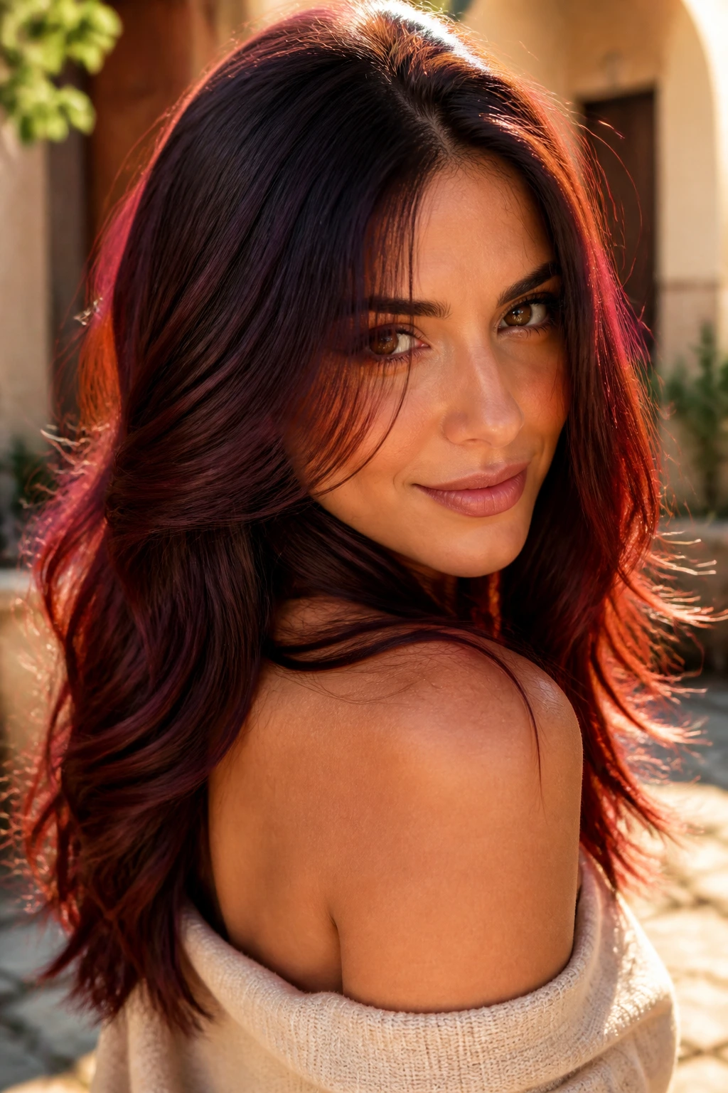Close-up portrait of a real woman with chocolate cherry hair and red gloss