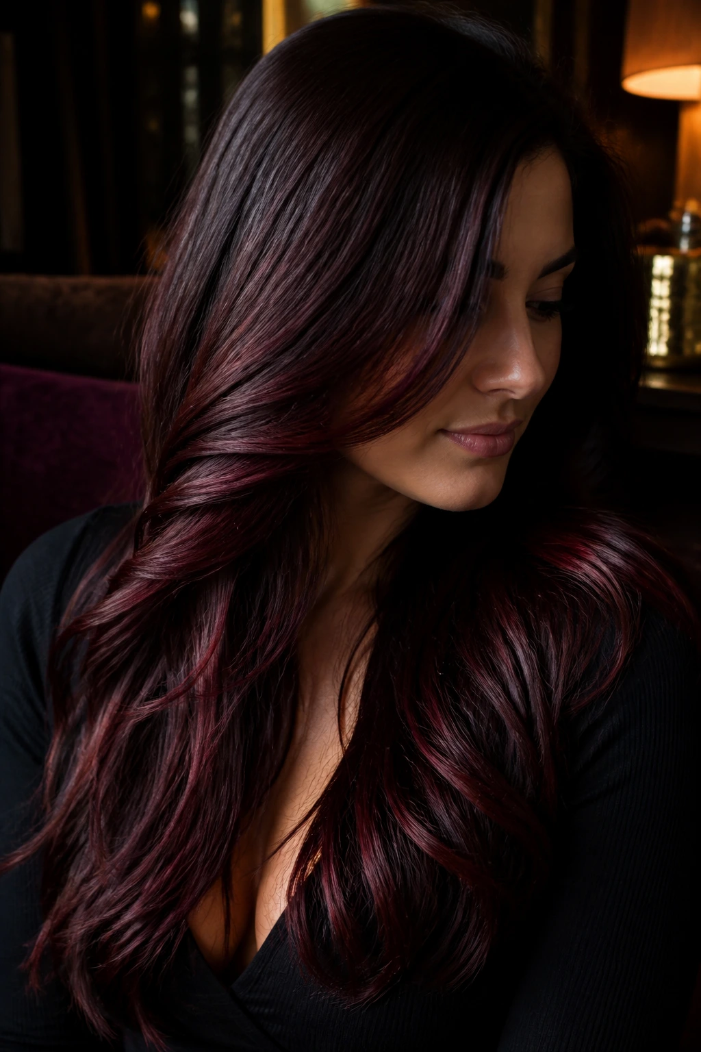 Close-up portrait of a person with chocolate cherry noir hair color in a moody lounge