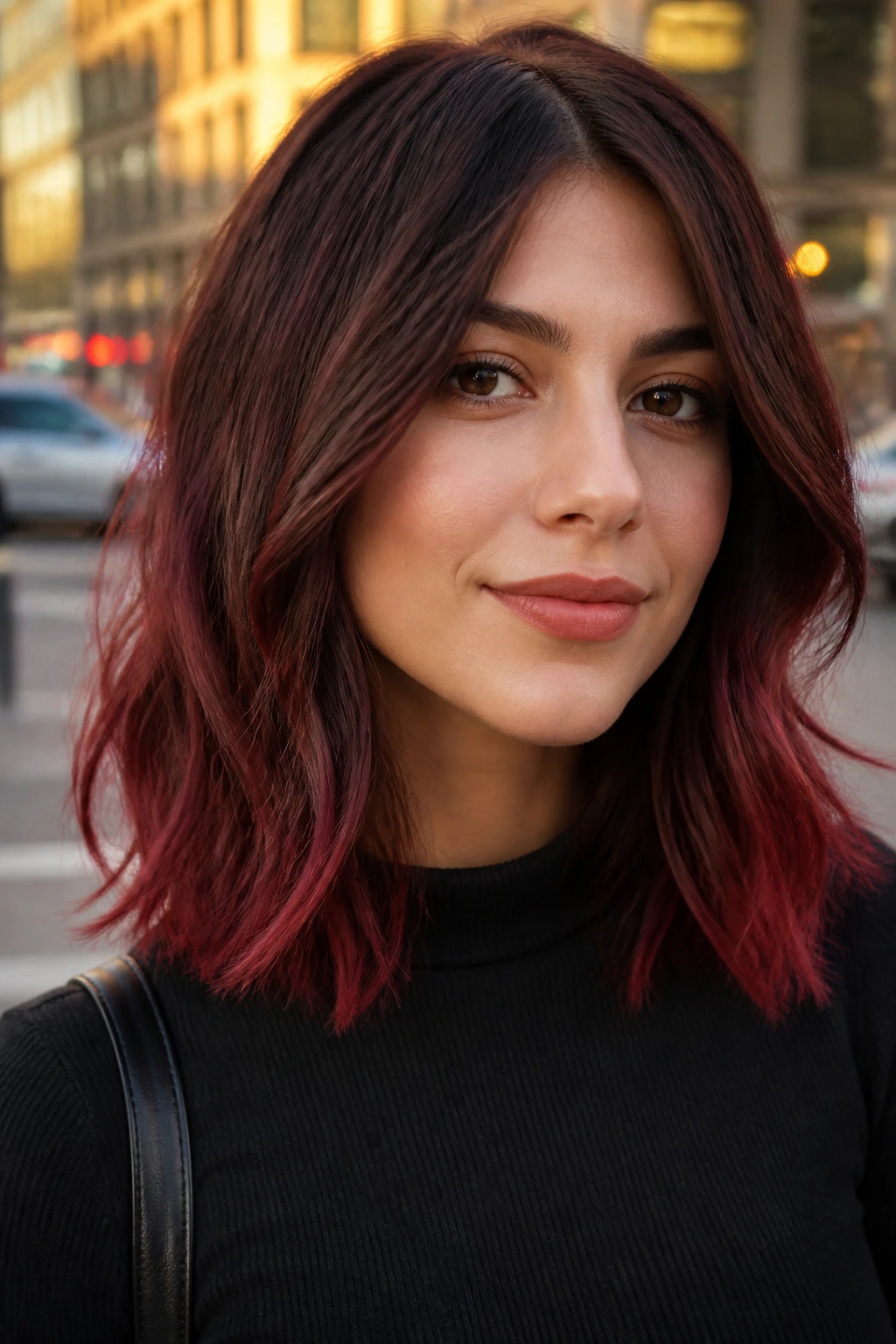 Chocolate cherry ombre on shoulder-length hair close-up