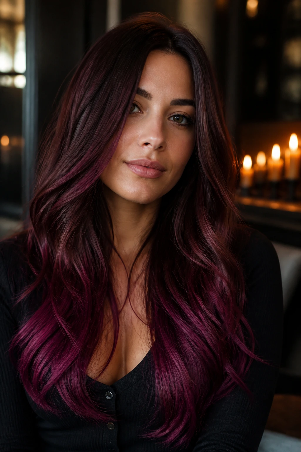 Close-up of a real person with chocolate cherry to plum wine gradient in long hair