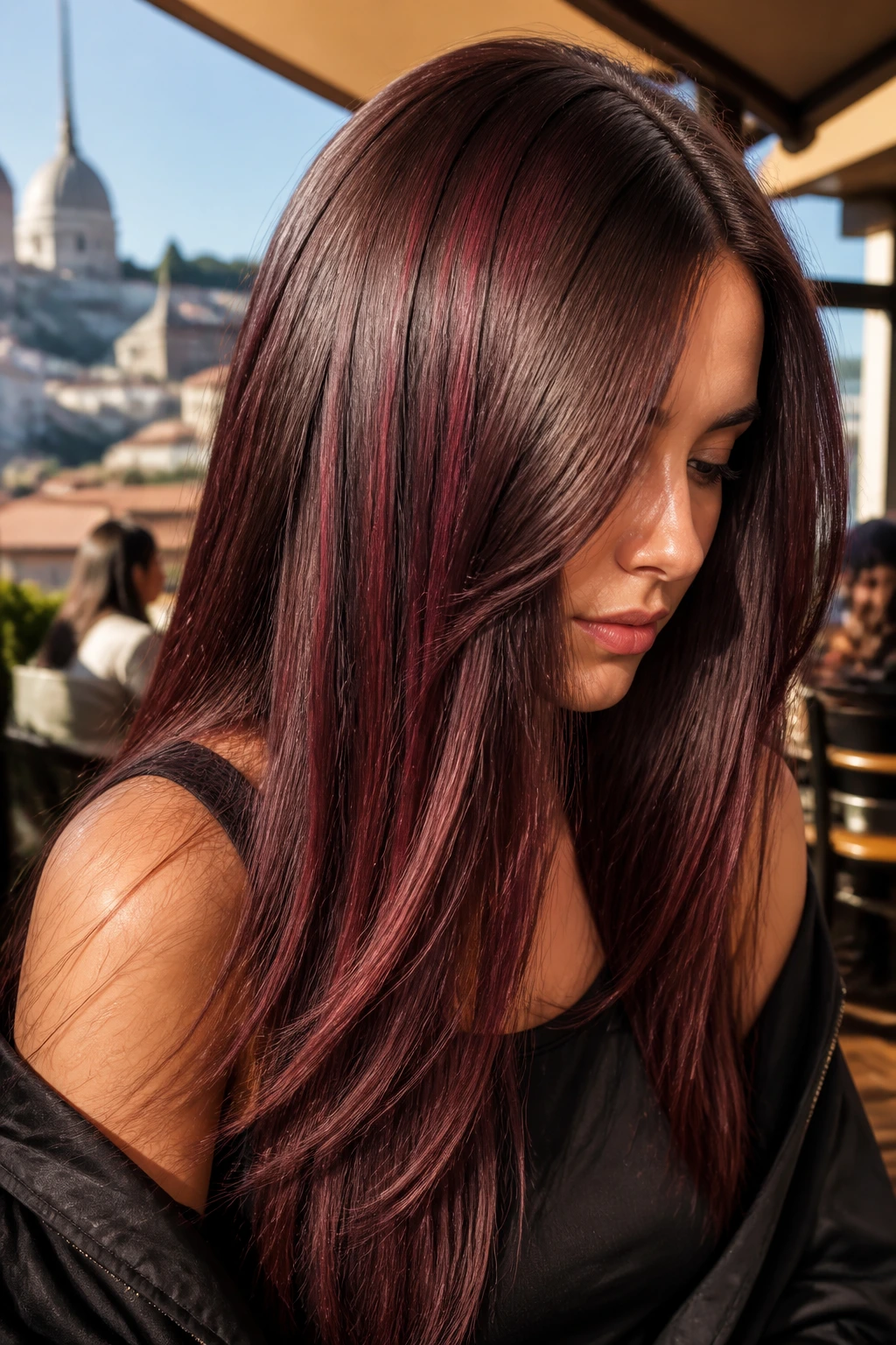 Real woman with chocolate cherry ribboning highlights in straight hair outdoors at golden hour