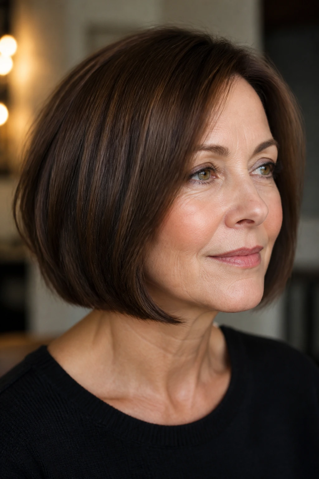 Close-up of a chin-length bob in chocolate chestnut on an older woman